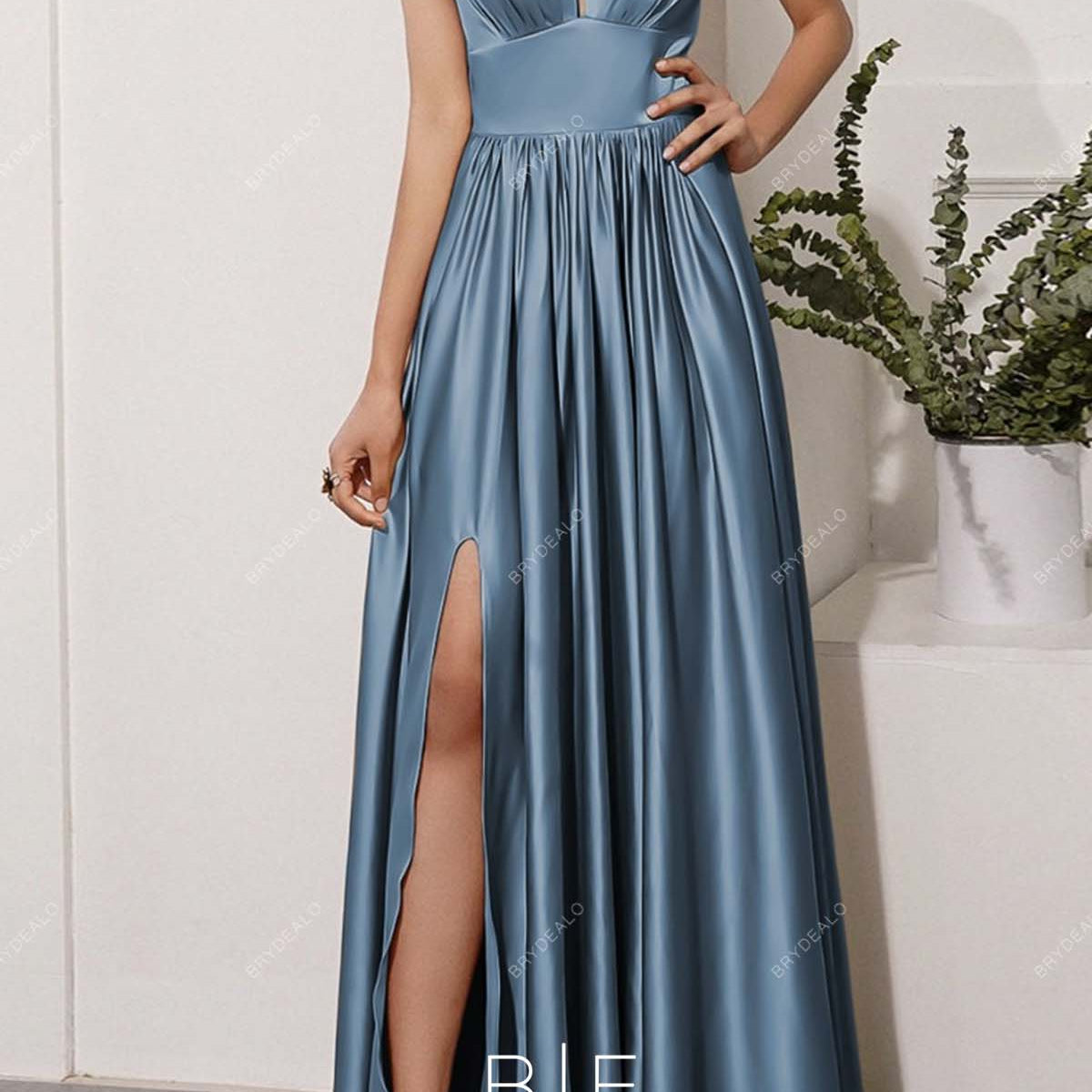Dusty Blue Plunging Charmeuse Floor Length A-line Bridesmaid Prom Dress Dusty Blue Plunging Charmeuse Floor Length A-line Bridesmaid Prom Dress