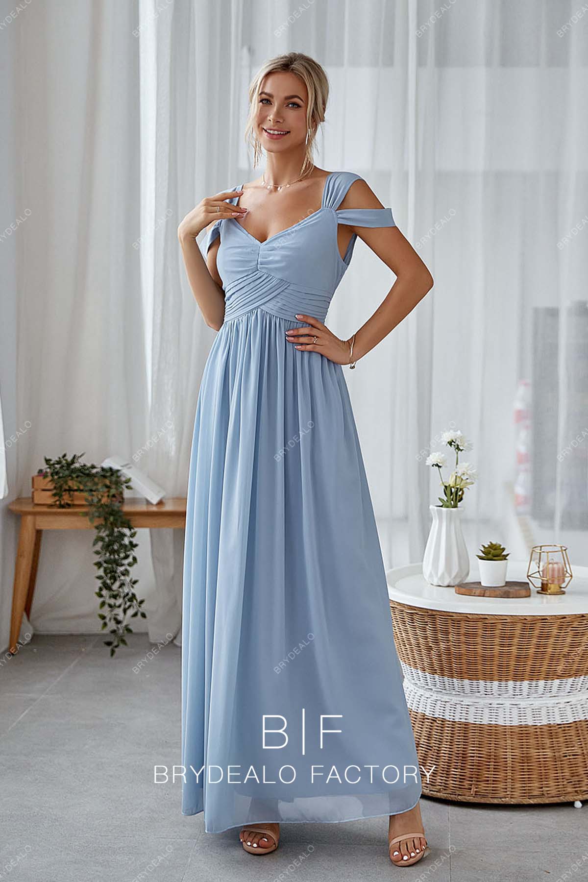 Dusty Blue Chiffon Cold Shoulder Long A-line Bridesmaid Dress