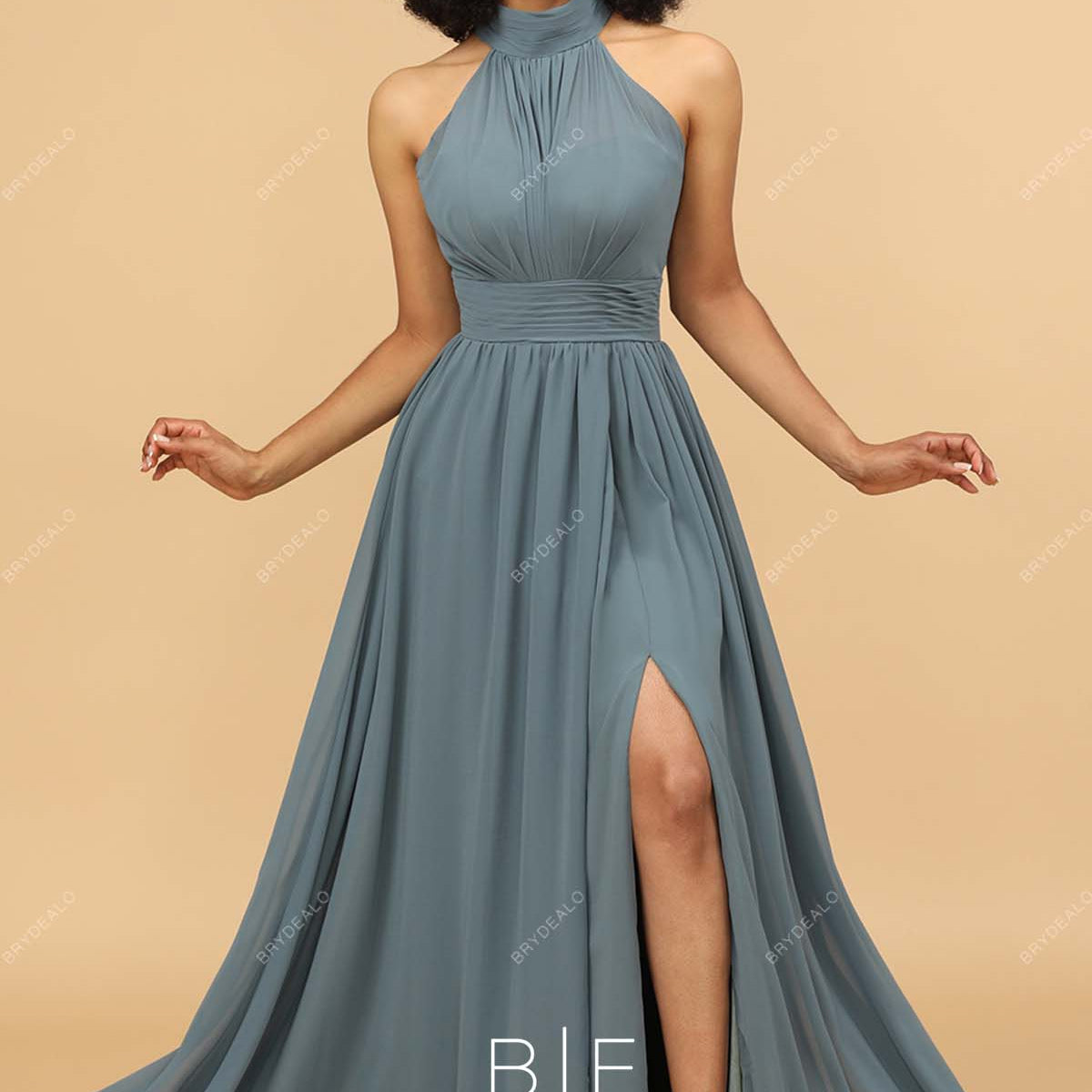 floral maxi dress for wedding Dusty Blue Halter Neck Slit A-line Chiffon Long Bridesmaid Prom Dress
