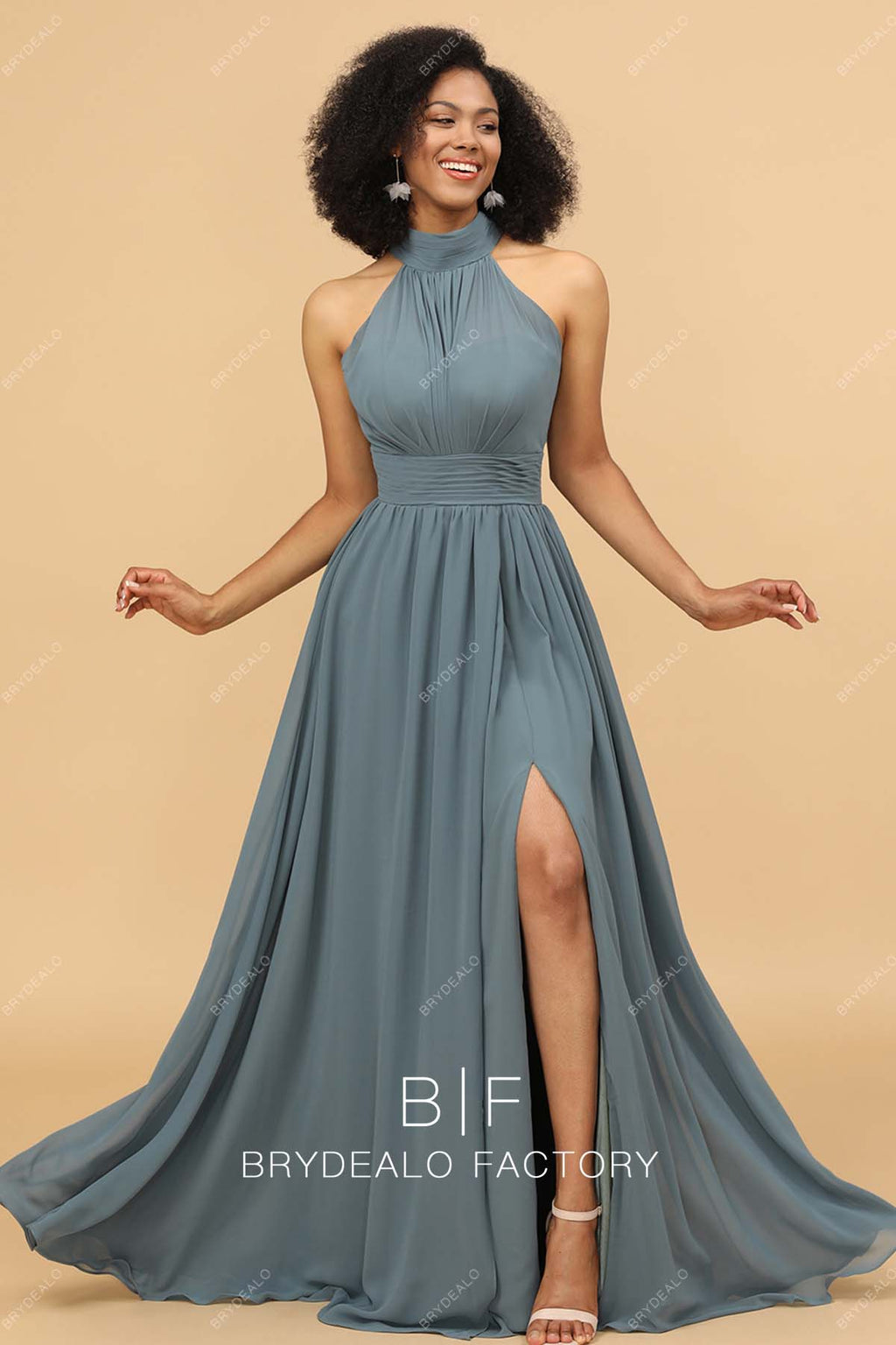 Dusty Blue Halter Neck Slit A-line Chiffon Long Bridesmaid Prom Dress