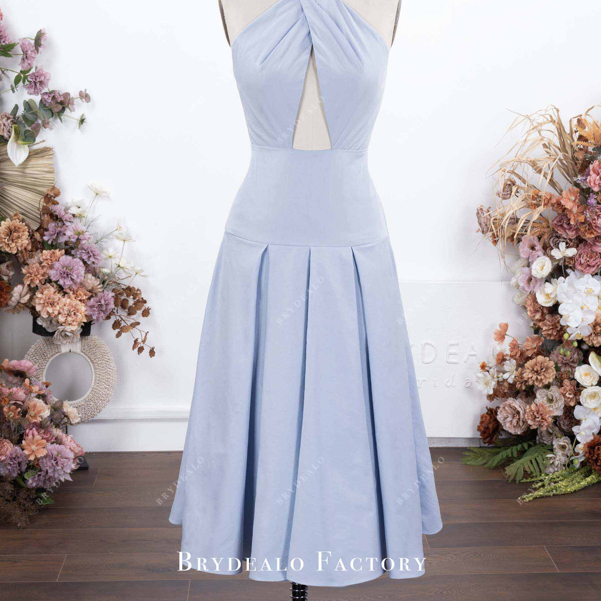 Blue Halter Pleated Tea-Length A-Line Formal Dress
