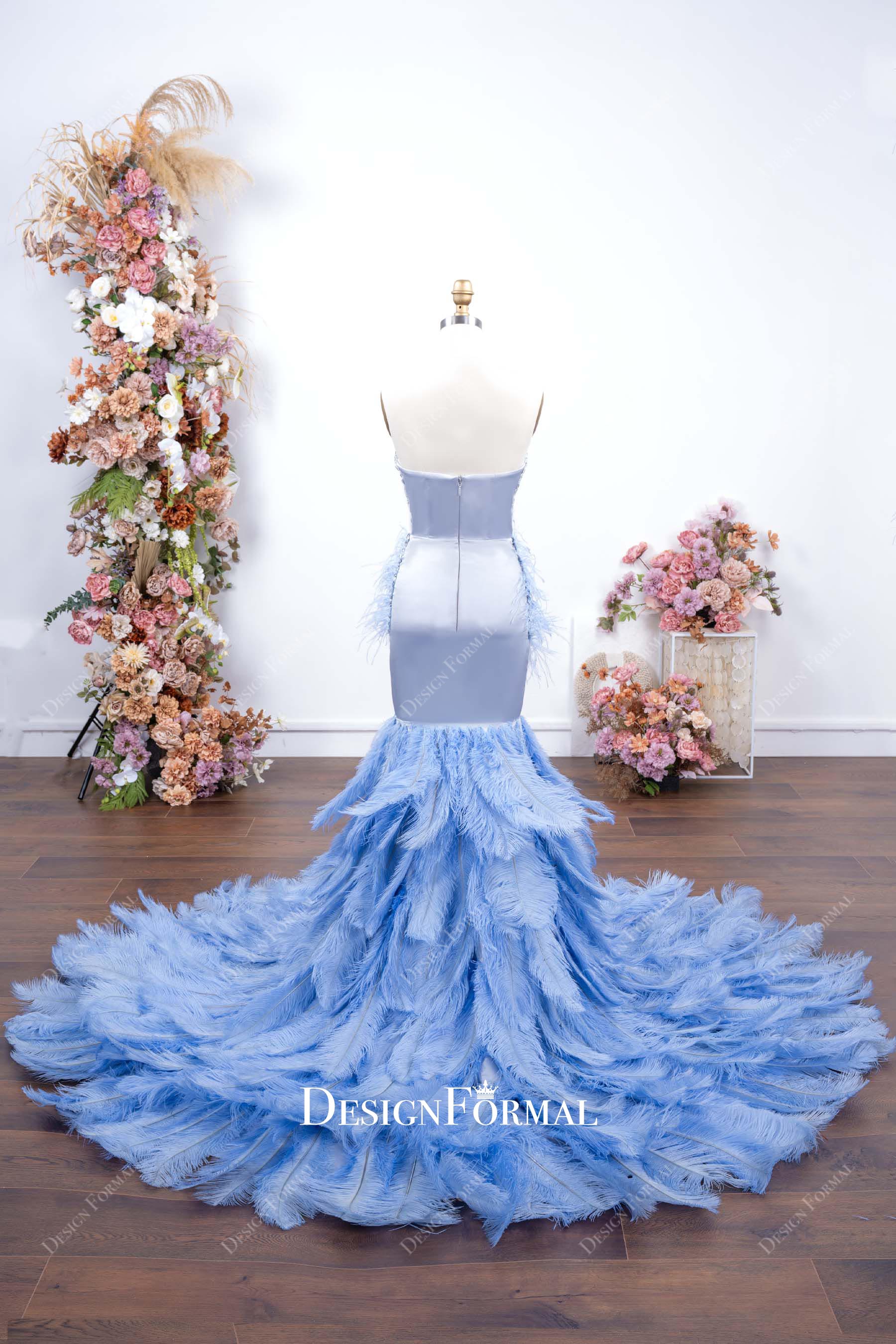 dusty blue trumpet chapel train prom dress