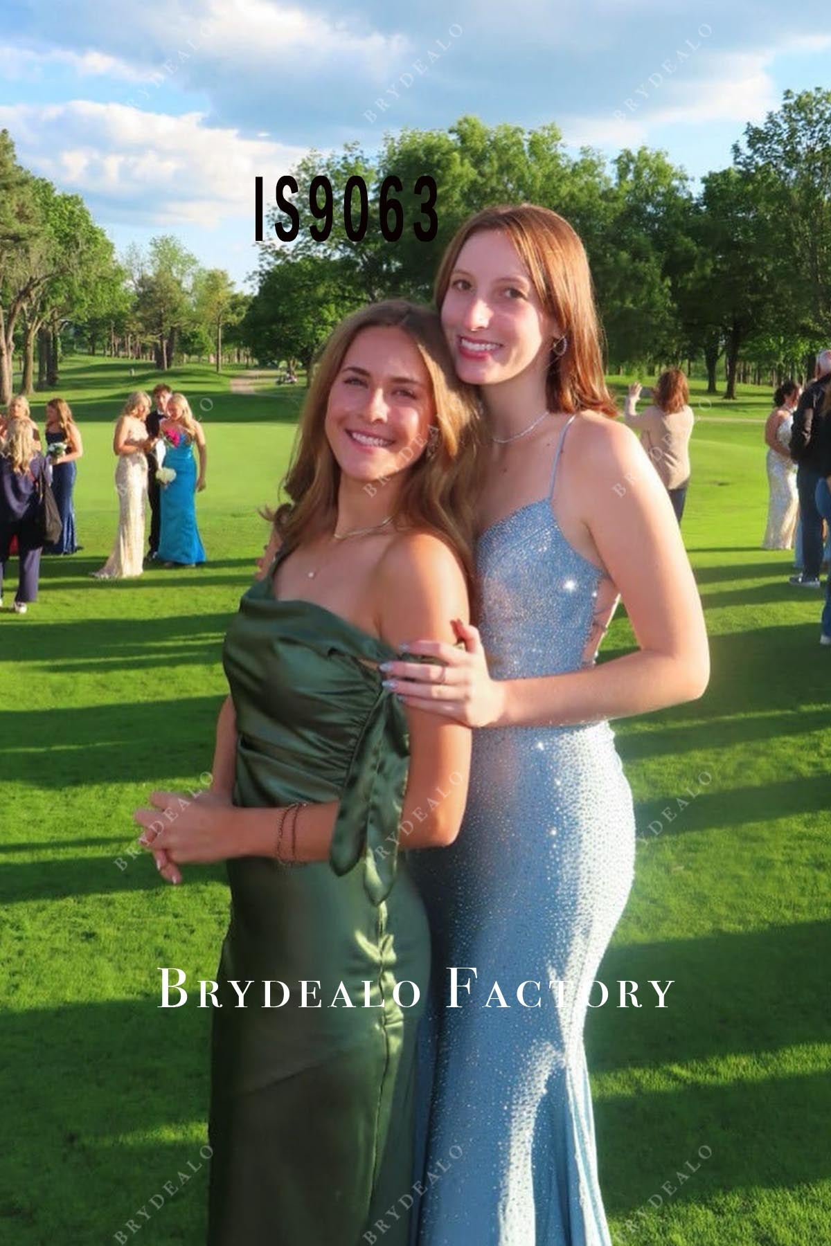 dusty green asymmetrical neckline prom dress