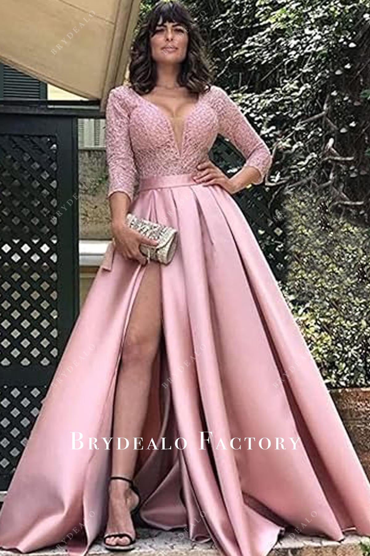 Dusty Rose Plunging Neck 3/4 Sleeves Slit A-line Prom Dress