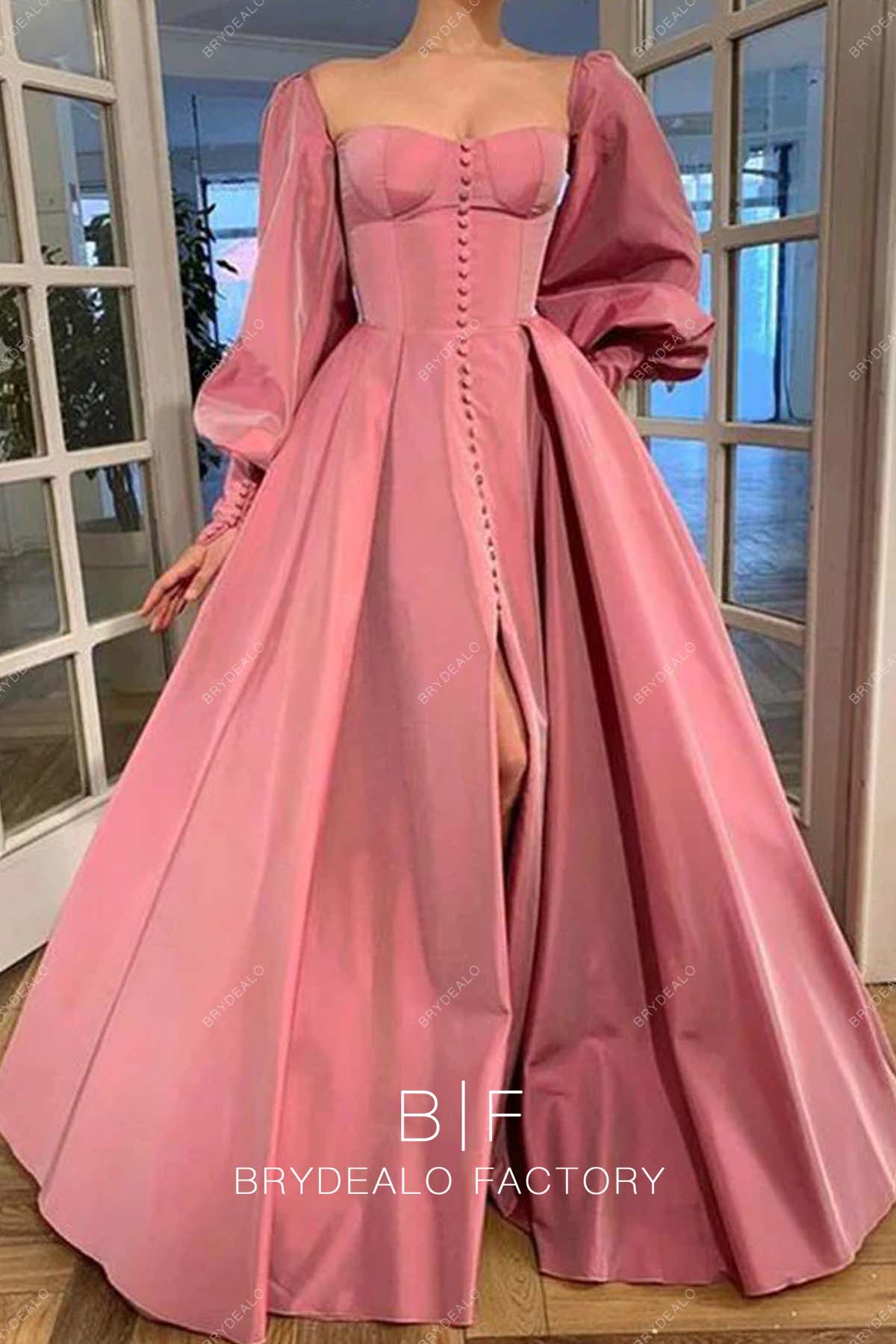 Dusty Pink Slit A-line Floor Length Prom Gown