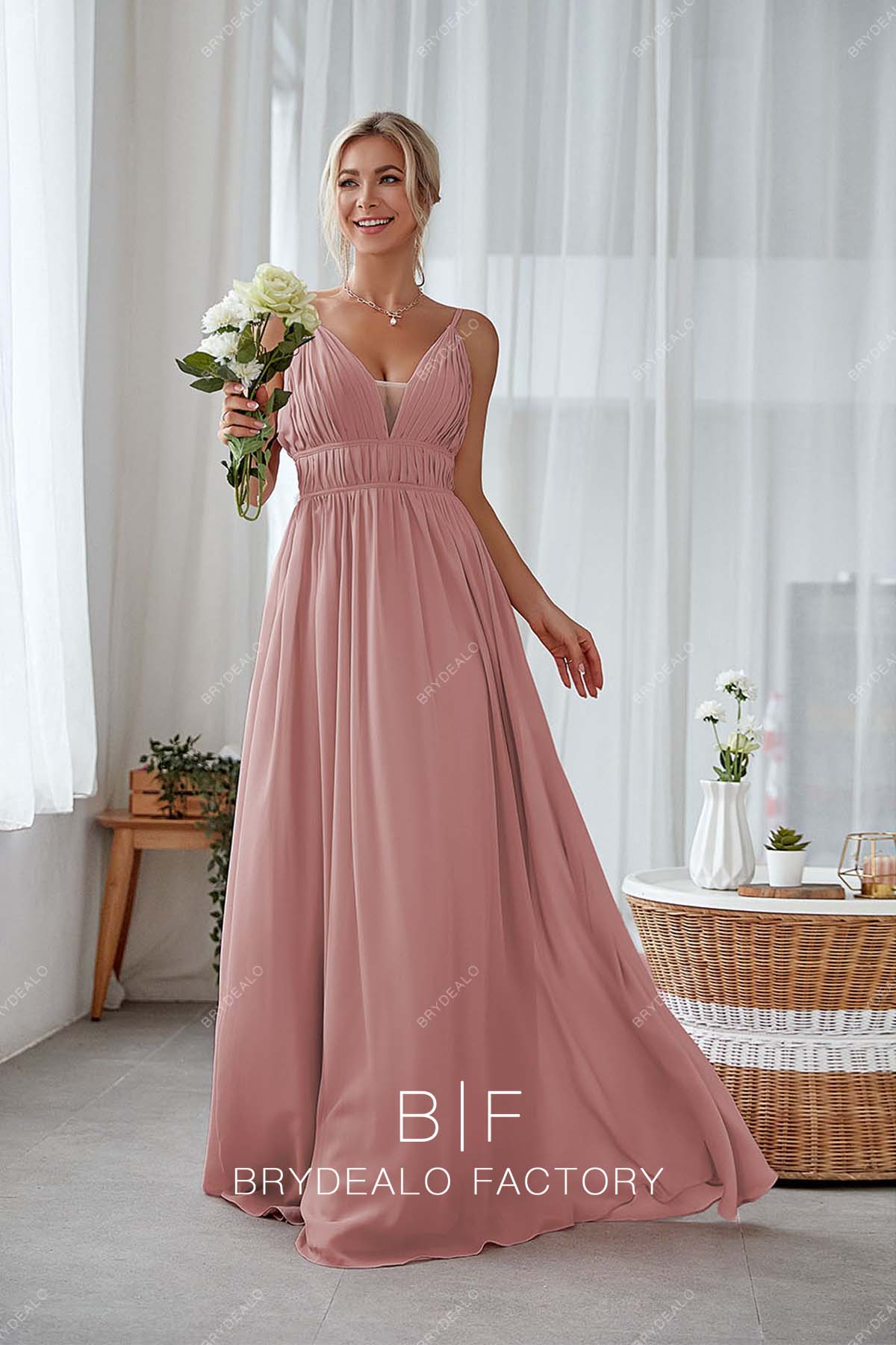 dusty rose chiffon pleated chiffon bridesmaid dress