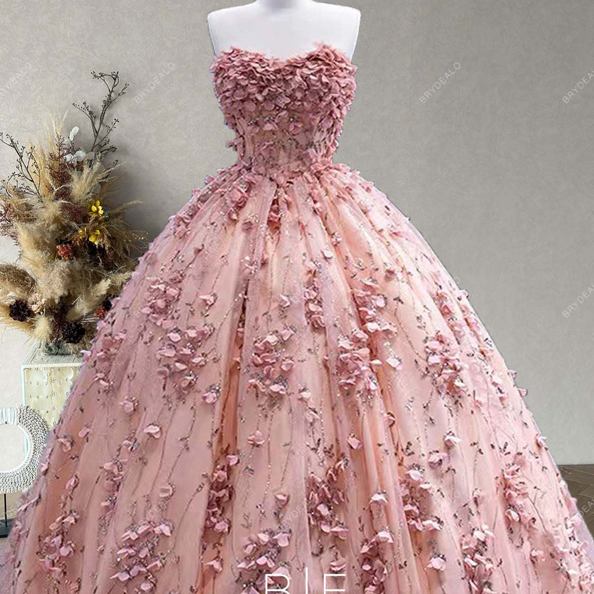 Dusty Rose Romantic Flowers Lace Strapless Ball Gown Formal Dress