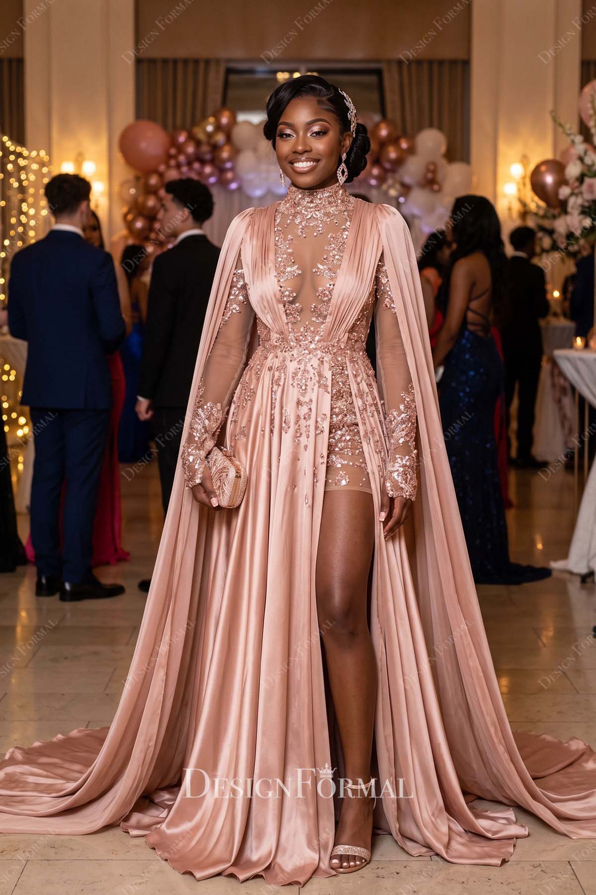 dusty rose illusion plunging neck formal dress