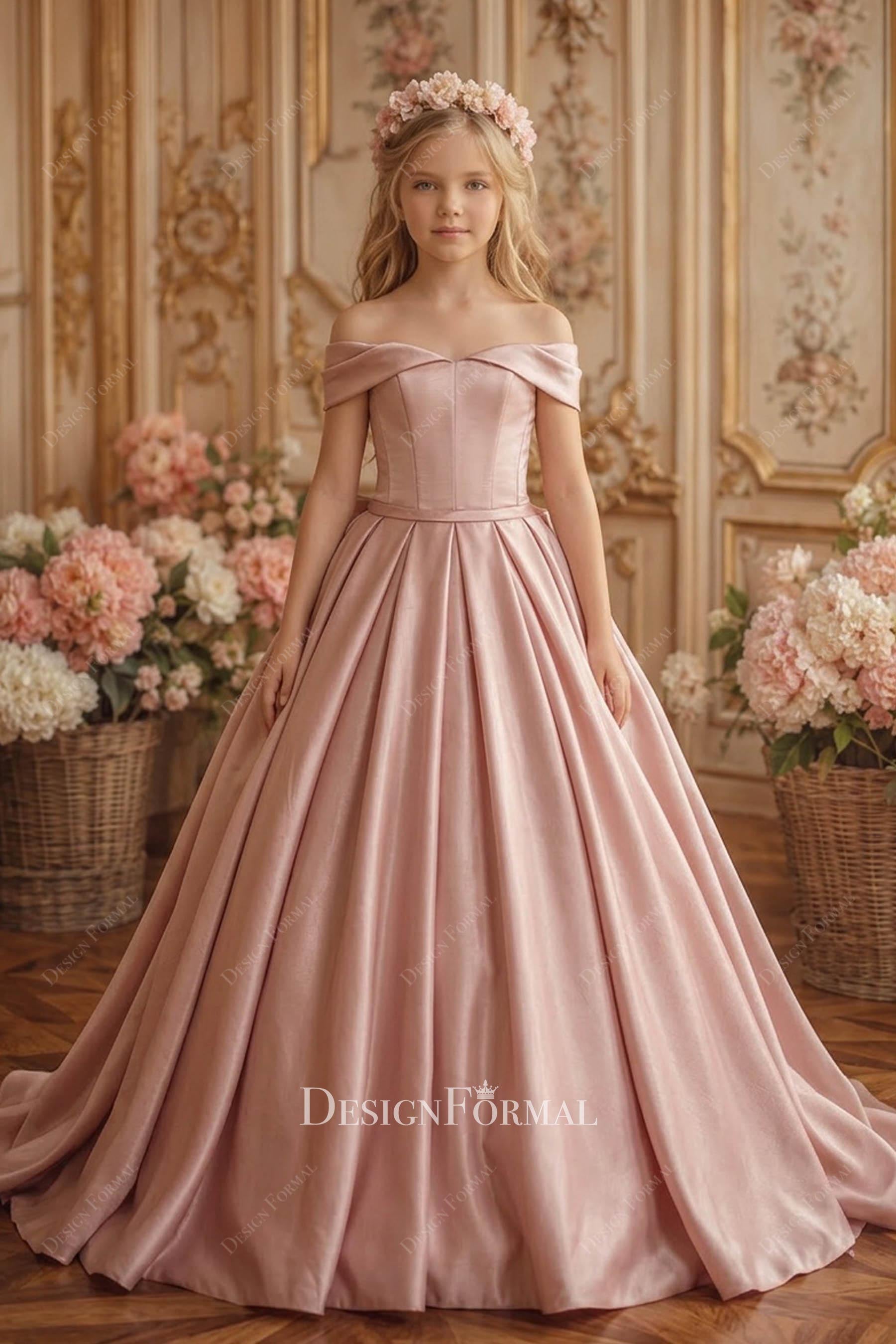 dusty rose satin off the shoulder kids formal gown
