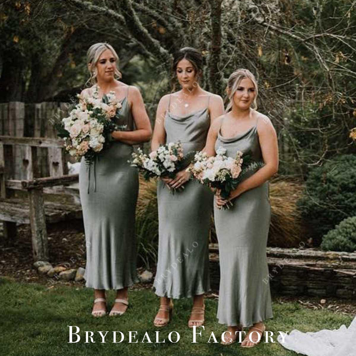 Dusty Sage Satin Cowl Neck Fit Flare Bridesmaid Dress
