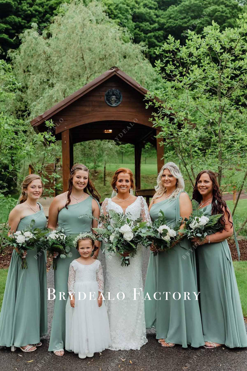 Bridesmaid Dress Dusty Sage Chiffon One Shoulder Maid Of Honor Gown — free download