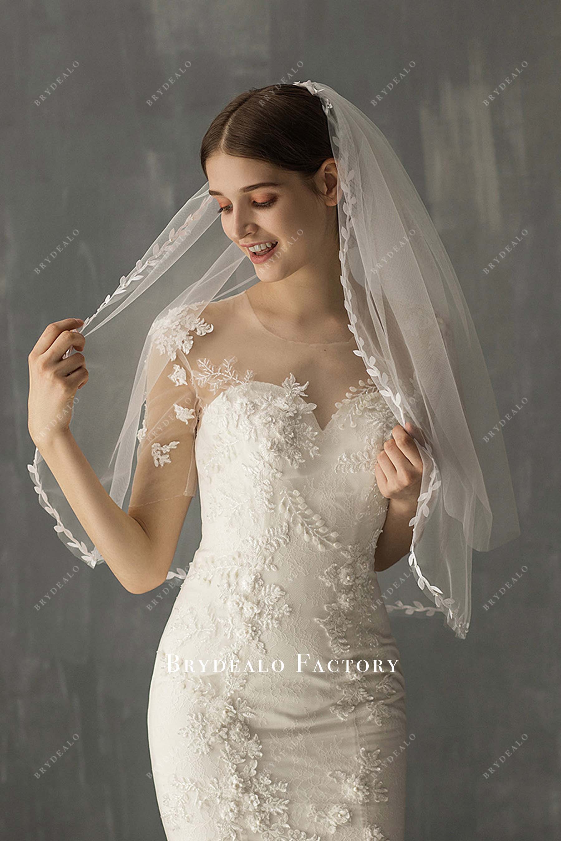 leaf lace raw cut bridal veil