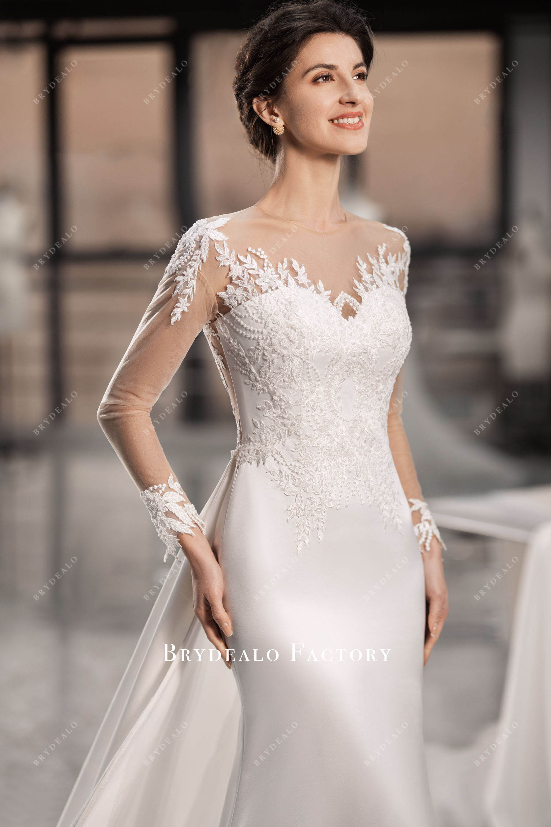 classic long sleeves lace satin wedding gown