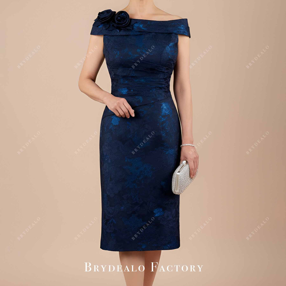 Dark Navy Jacquard Off-Shoulder Pencil Mother of Bride Dress