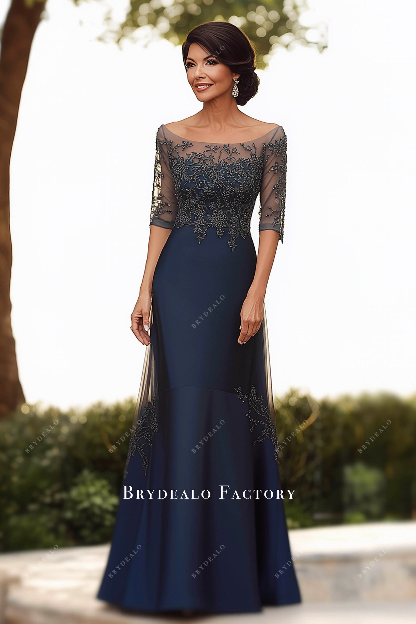 Navy Boat Neck Mermaid Mother of Bride & Groom Dress