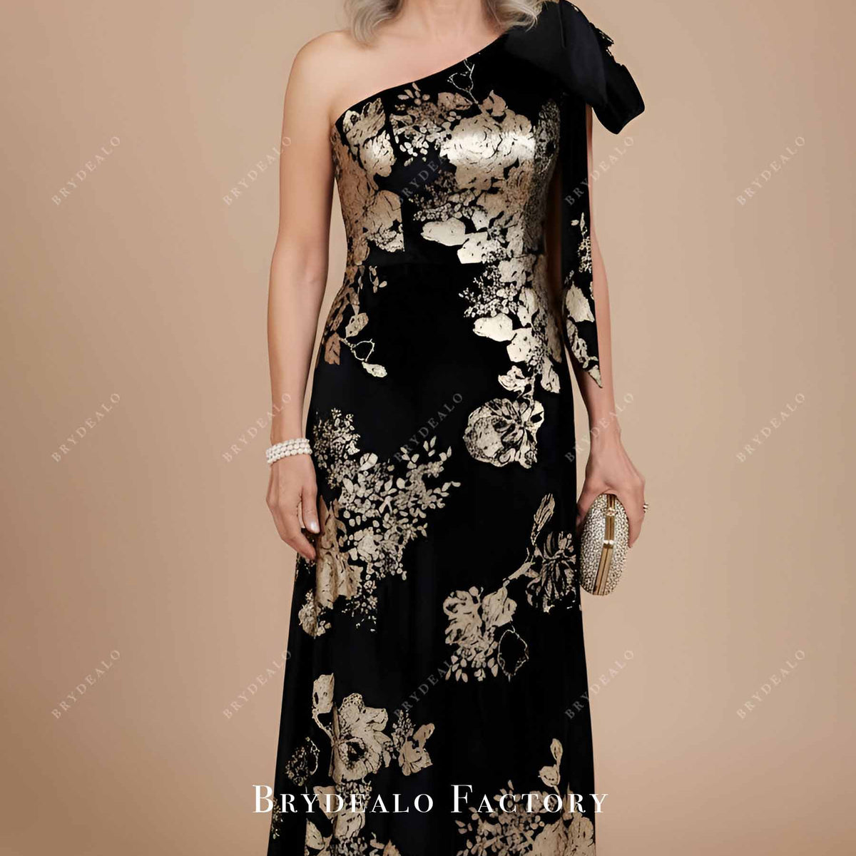 black and gold one sleeve dress Black Gold Velvet One-Shoulder Floral Mother Of Bride Dress