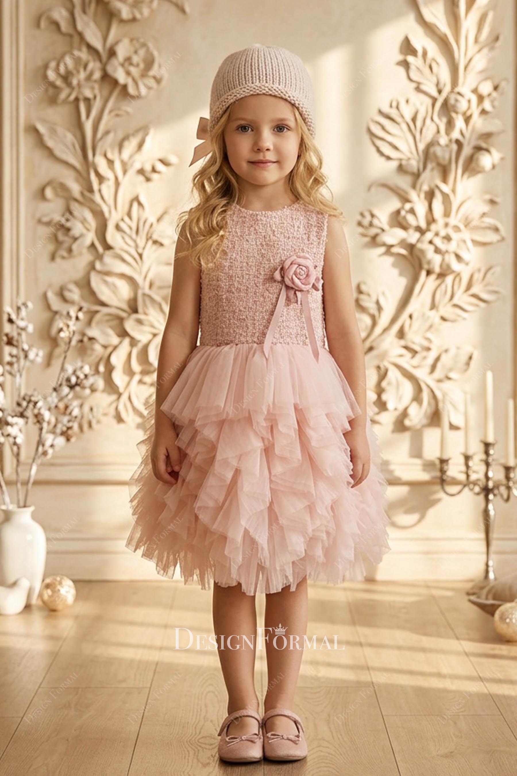 elegant pink knee length kids formal dress