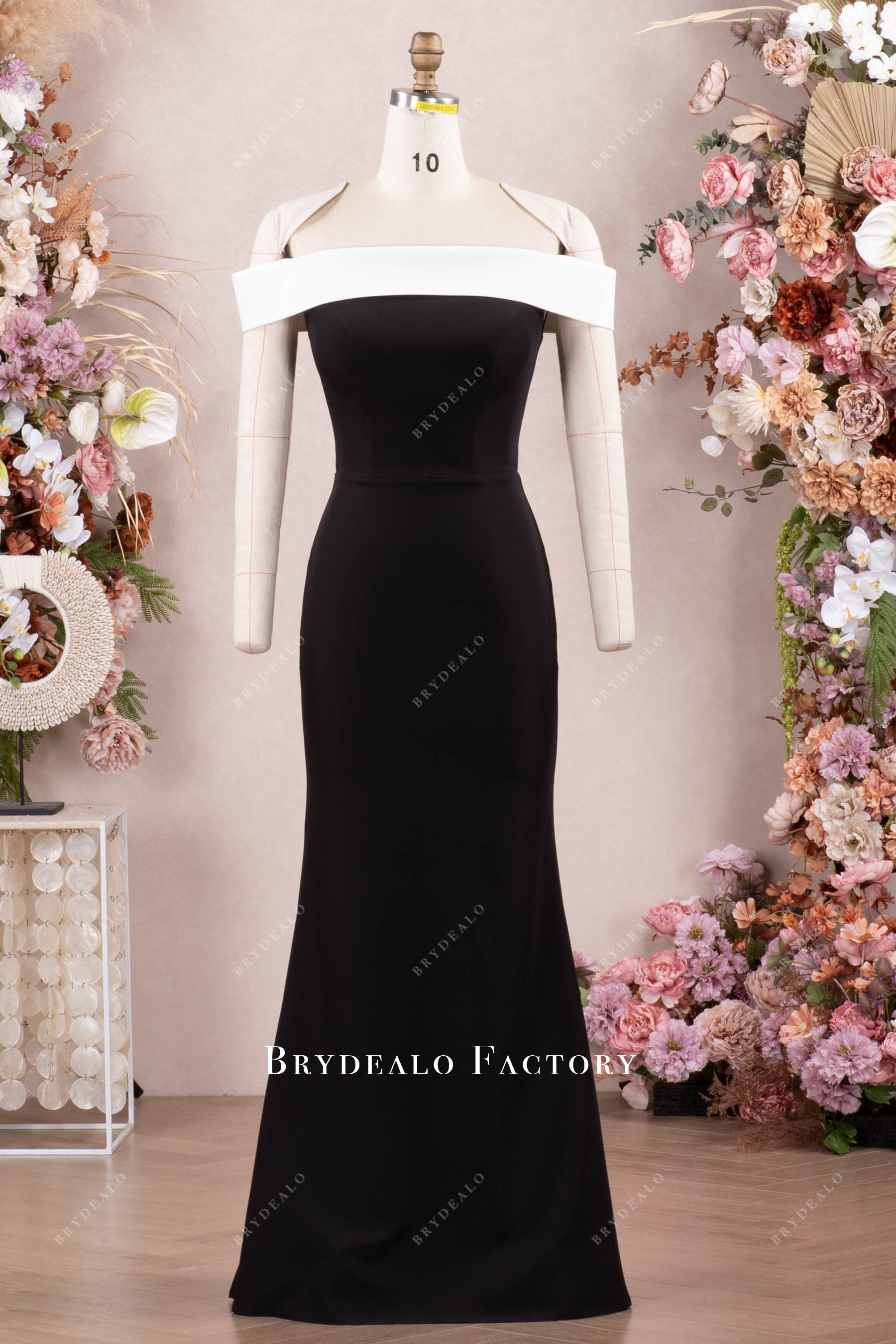 Elegant White Black Crepe Fit and Flare Evening Dress