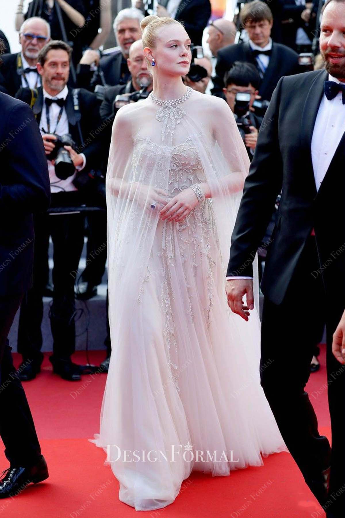 Elle Fanning 2019 white a line  Cannes Film Festival dress