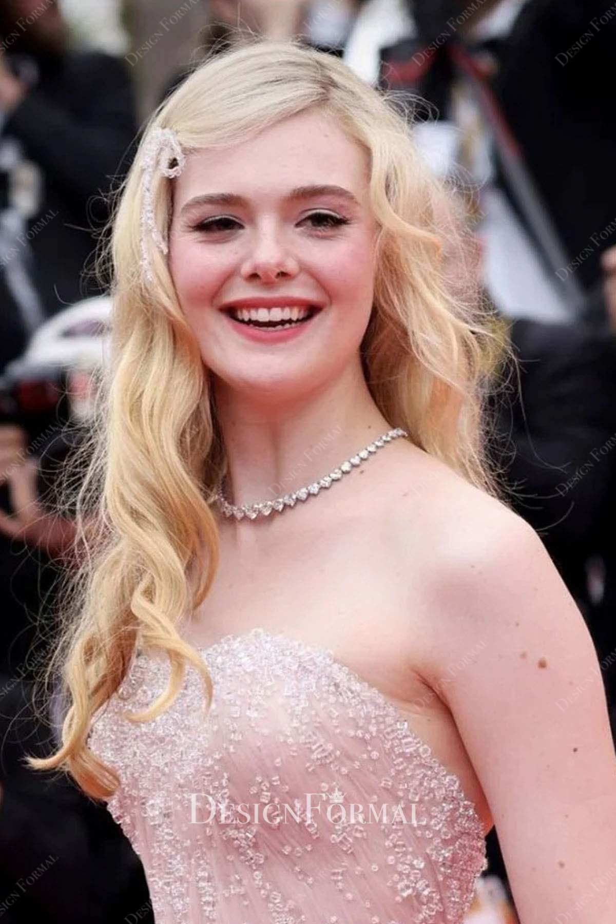 Elle Fanning beaded 2022 Cannes Film Festival court train dress