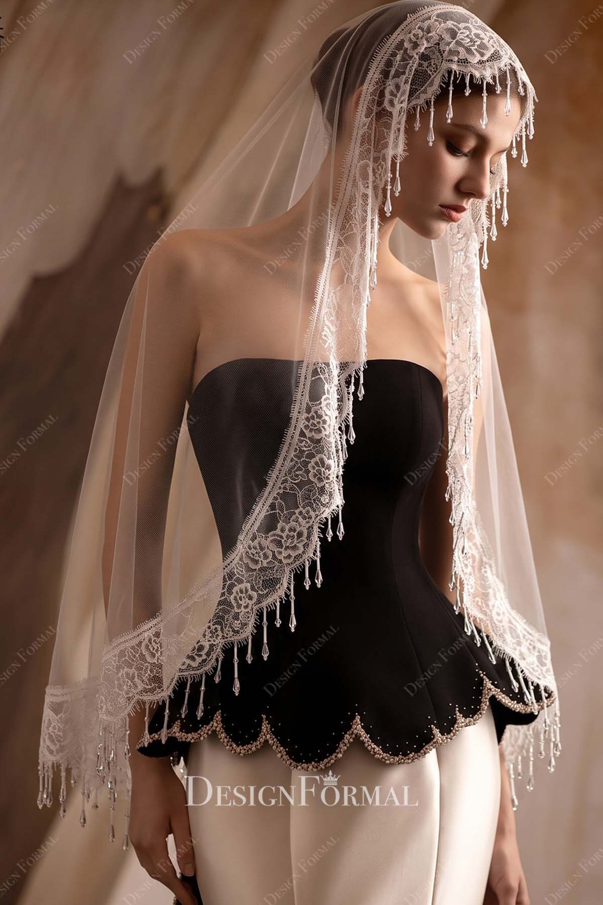 embroidered lace tassel bridal veil