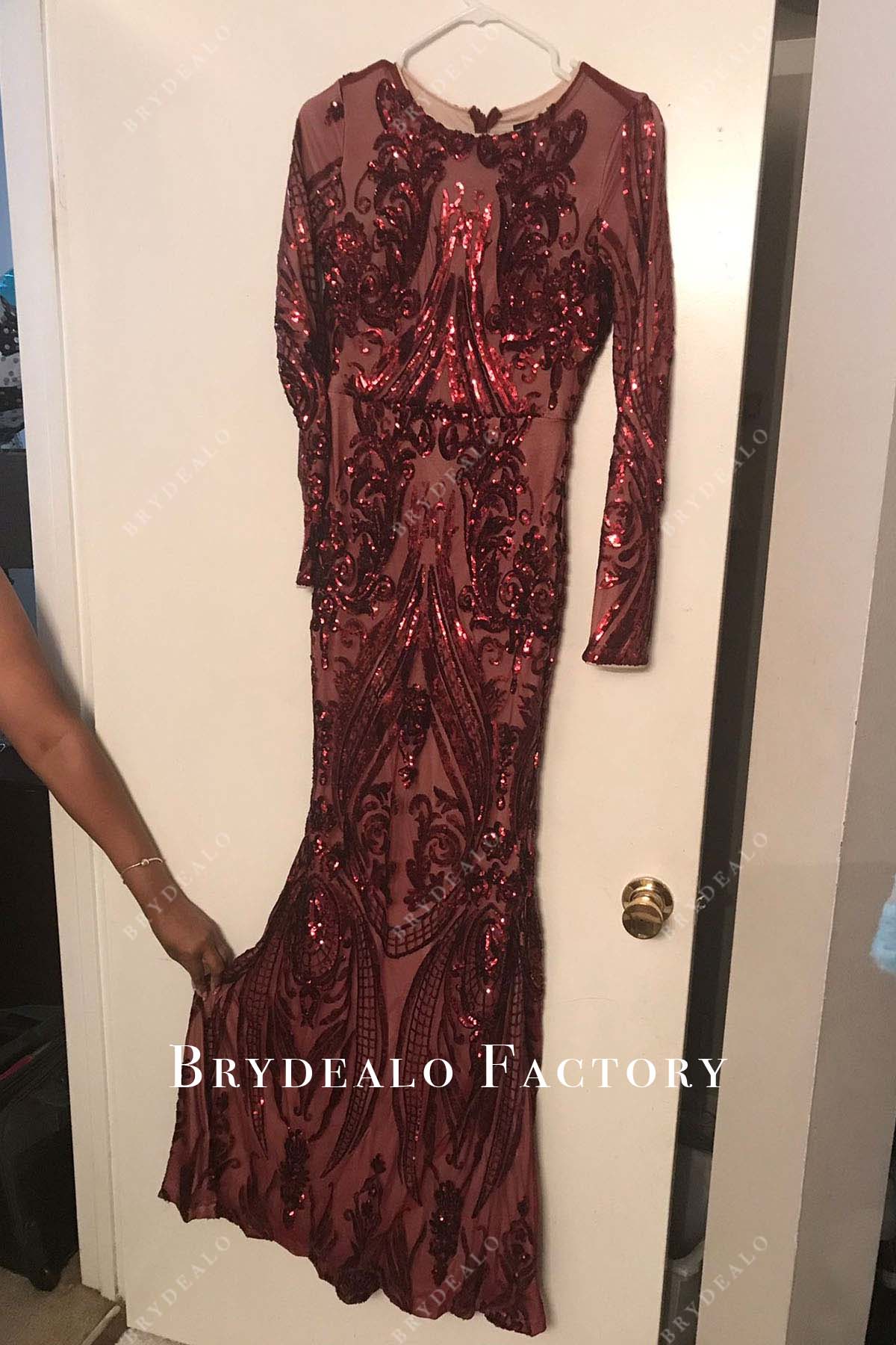 embroidery sequined crew neck prom dress