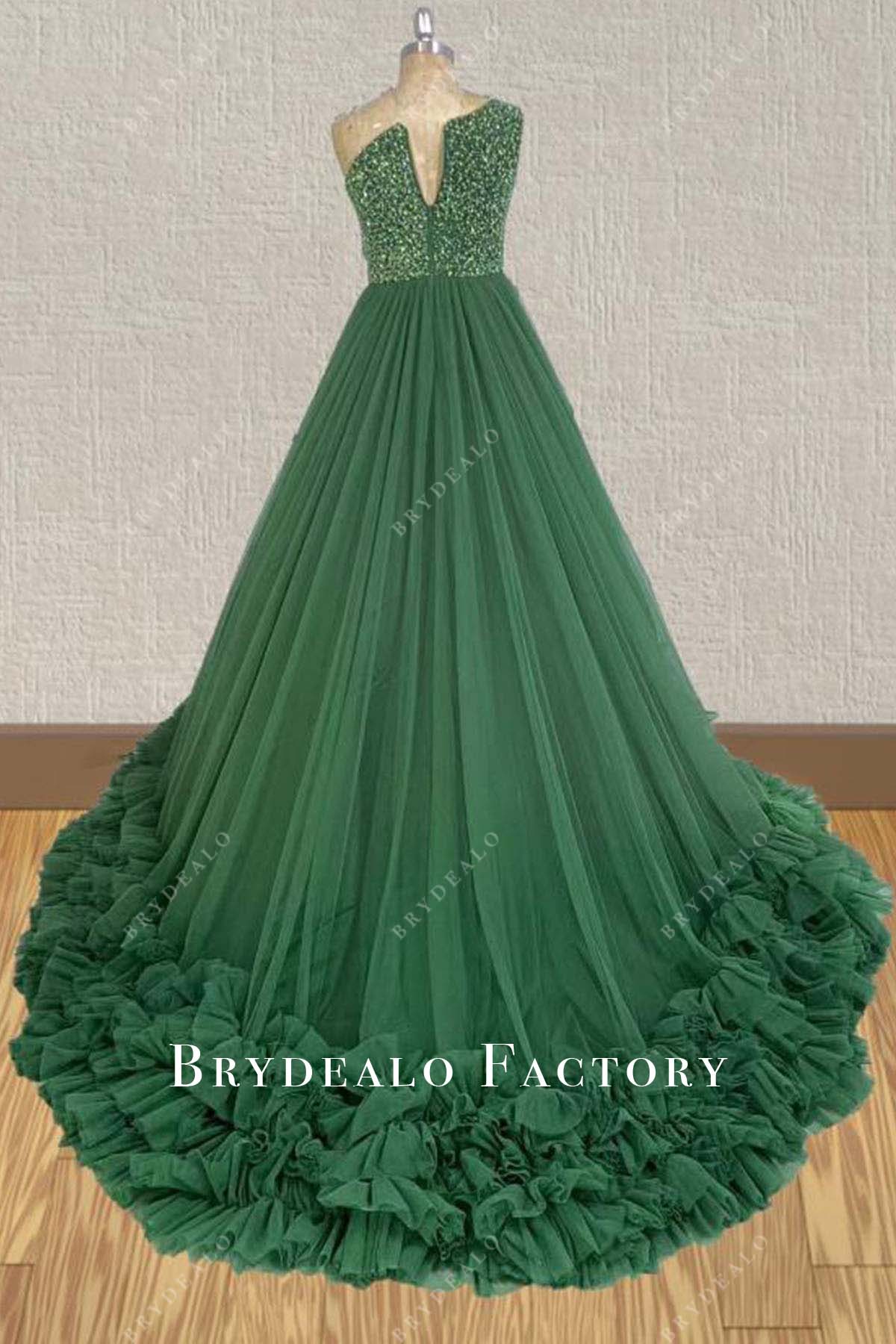 emerald organza ruffled a line pageant gown