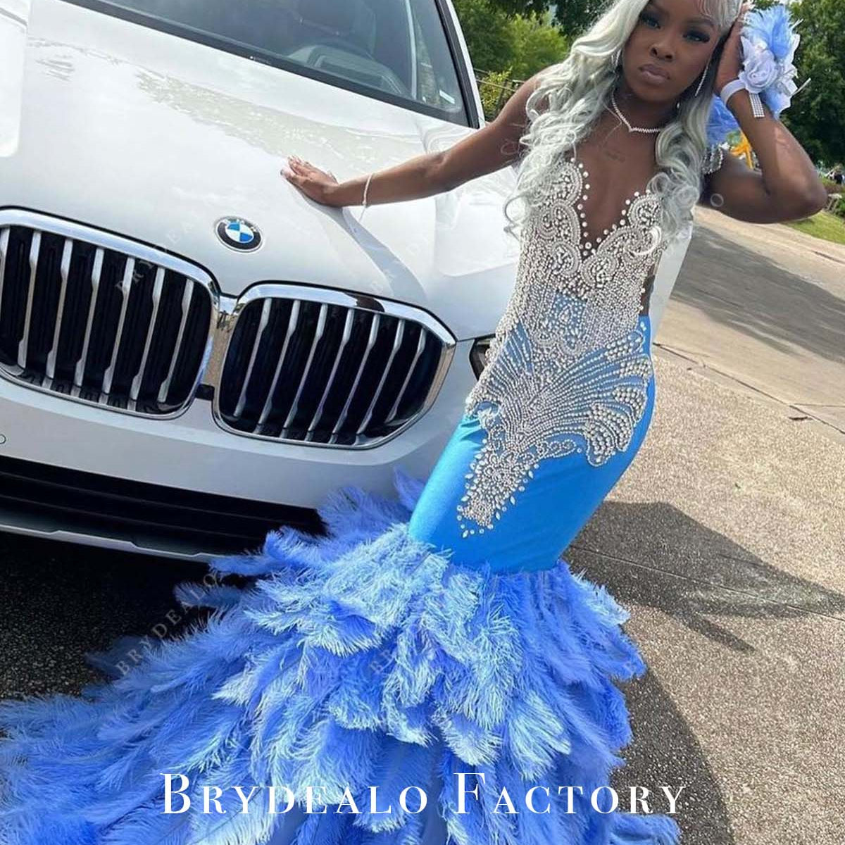 open lace back dress Rhinestones Plunging Neck Blue Feathers Trumpet Prom Dress