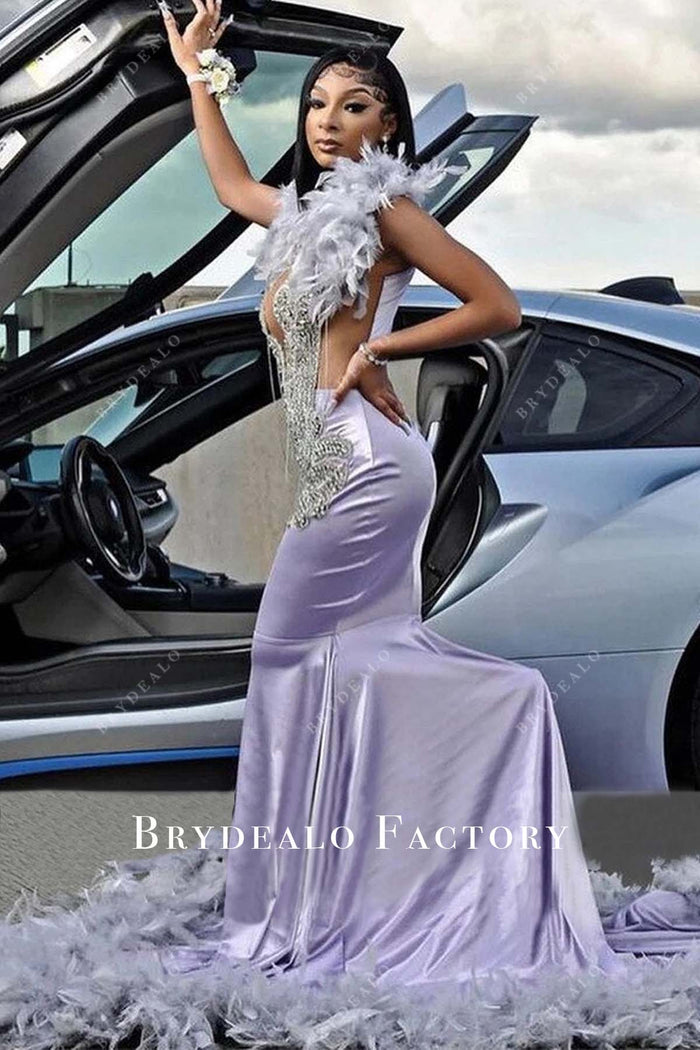 Sparkly Rhinestones Halter Feathered Made-to-Order Prom Dress