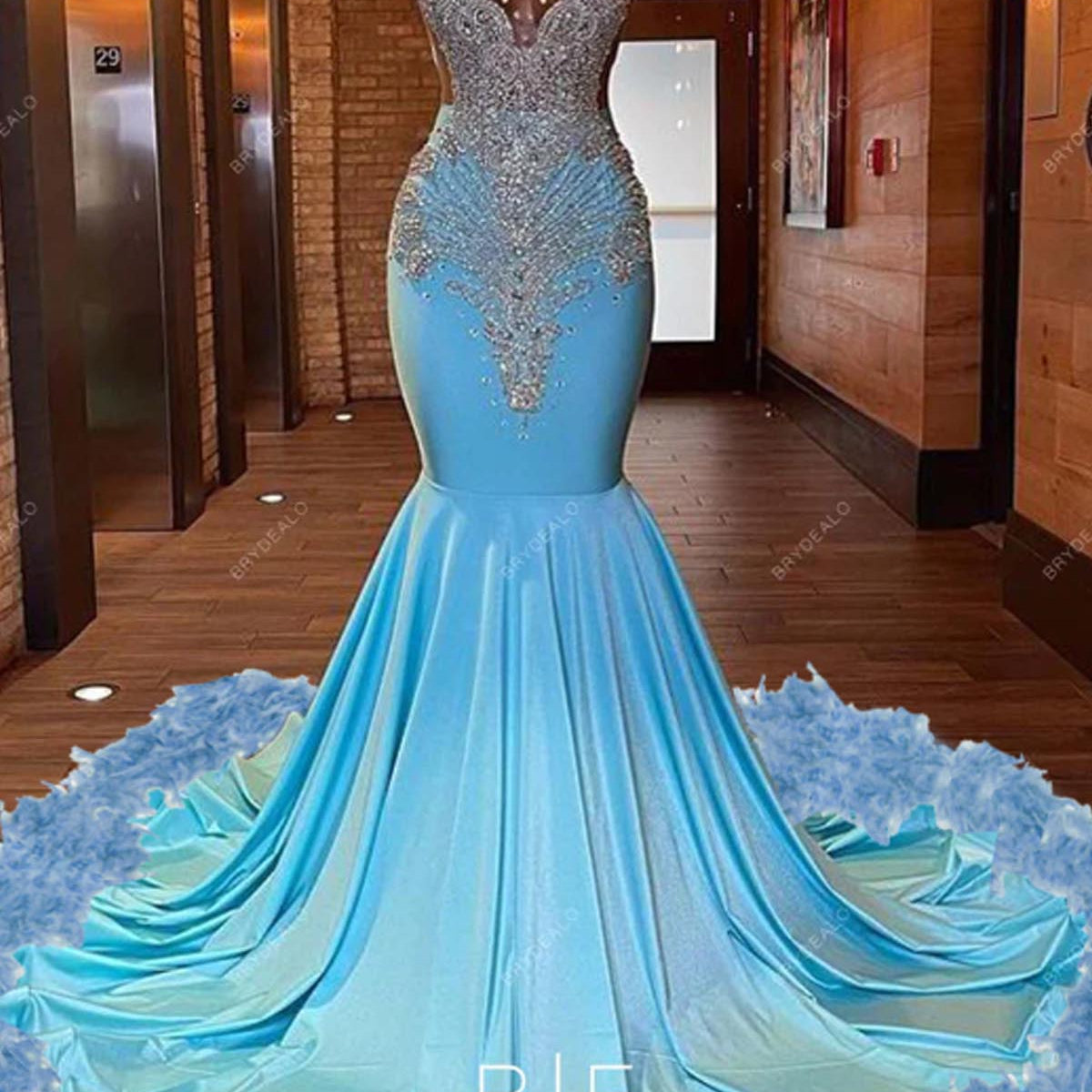 Custom Turkey Feathers Horsehair Long Train Mermaid Prom Dress