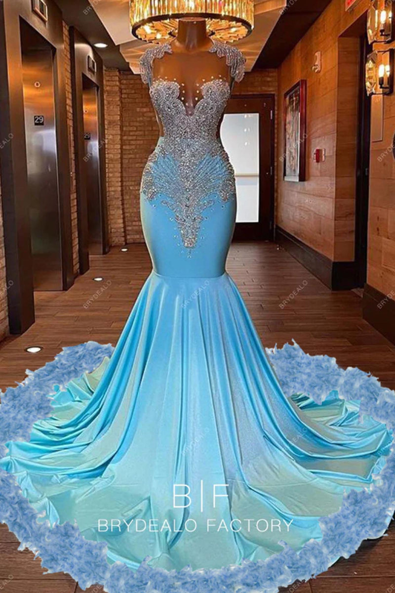 Silver Sequin Turkey Feather Train Mermaid Unique Prom Dress