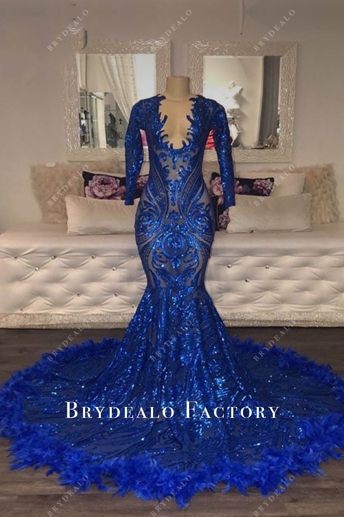 Royal Blue Unique Neck Long Sleeve Mermaid Sequin Prom Dress