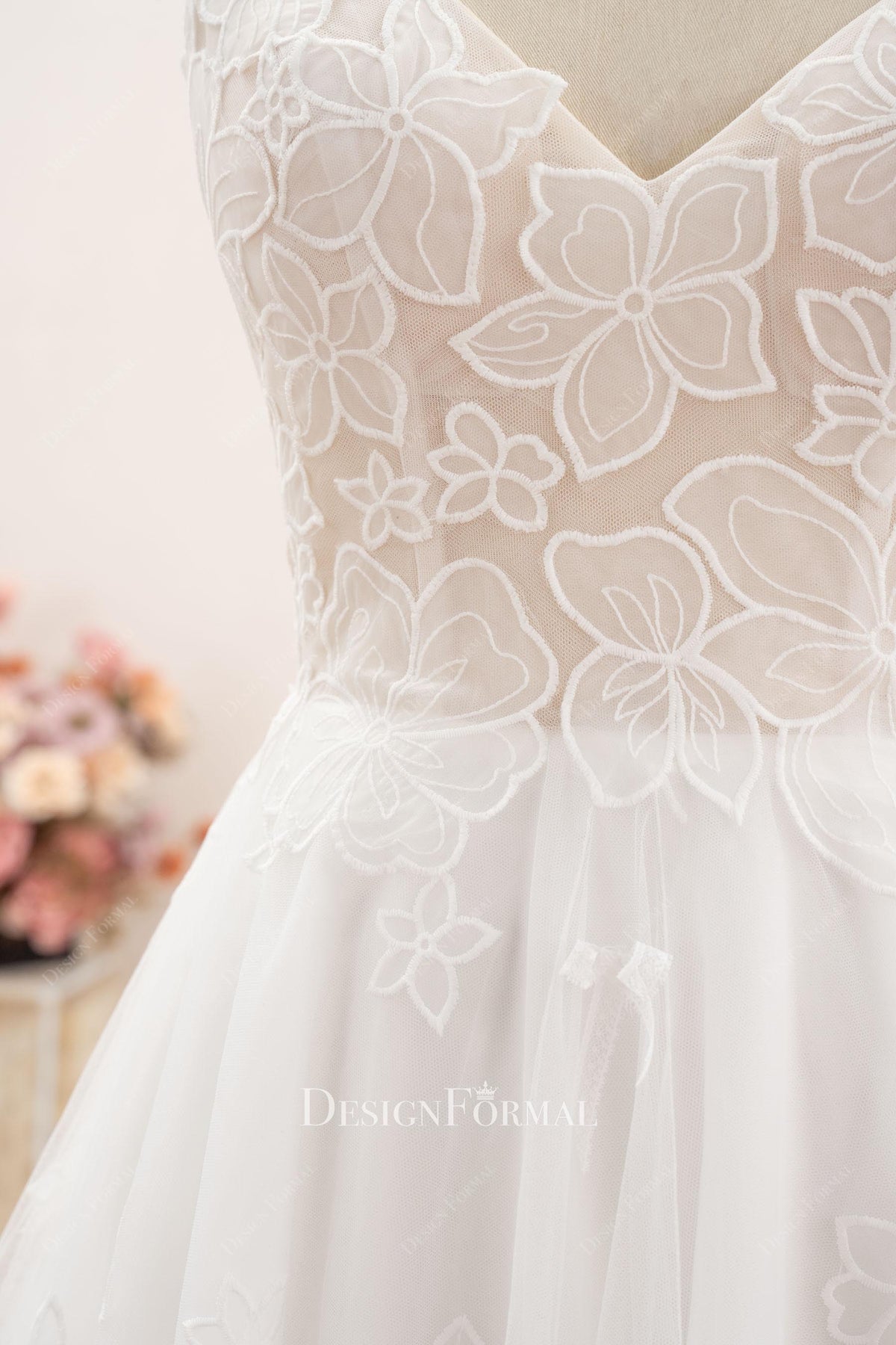 fine flower lace a line wedding dress