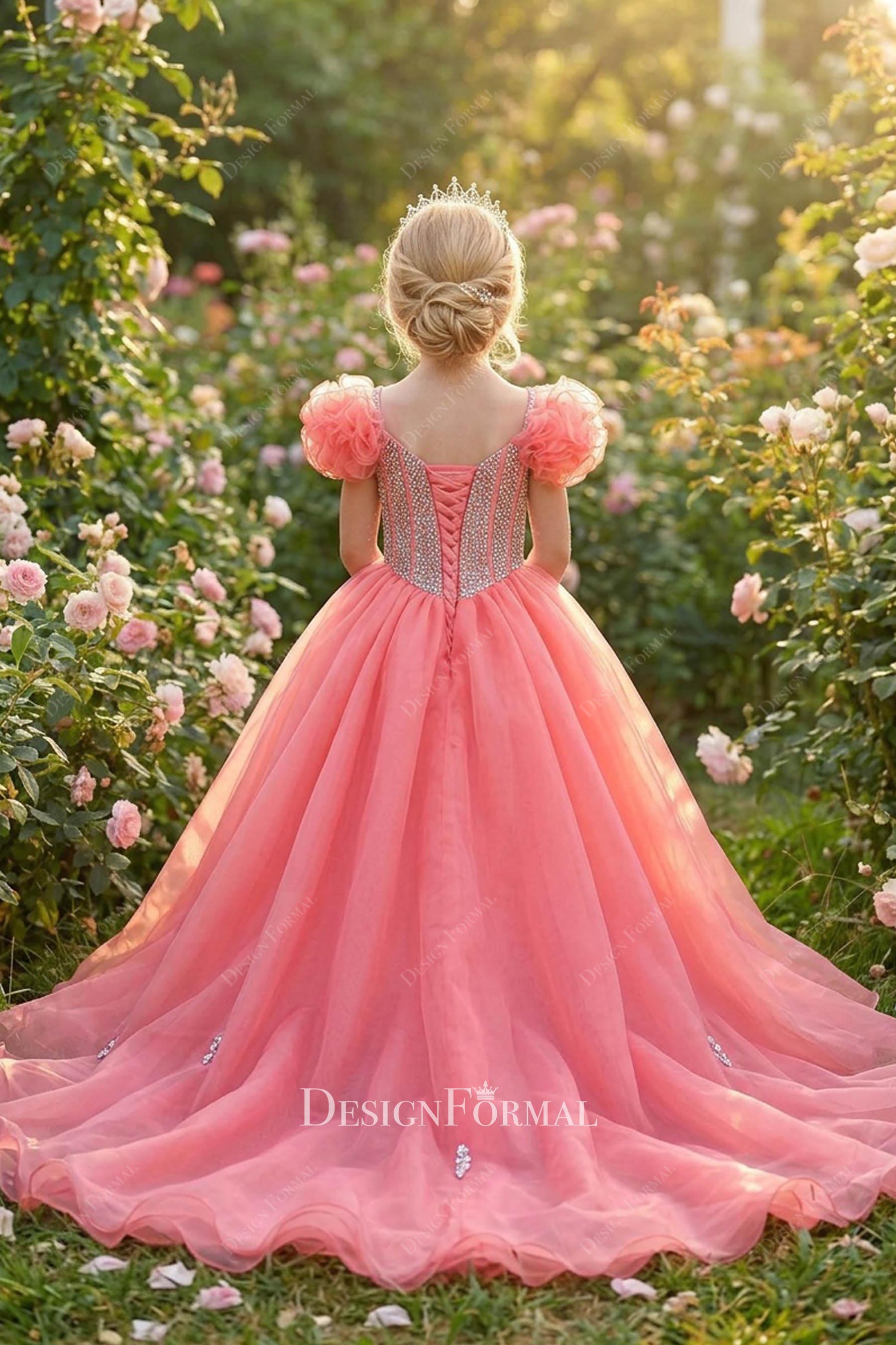 flamingo organza a line court train pageant gown