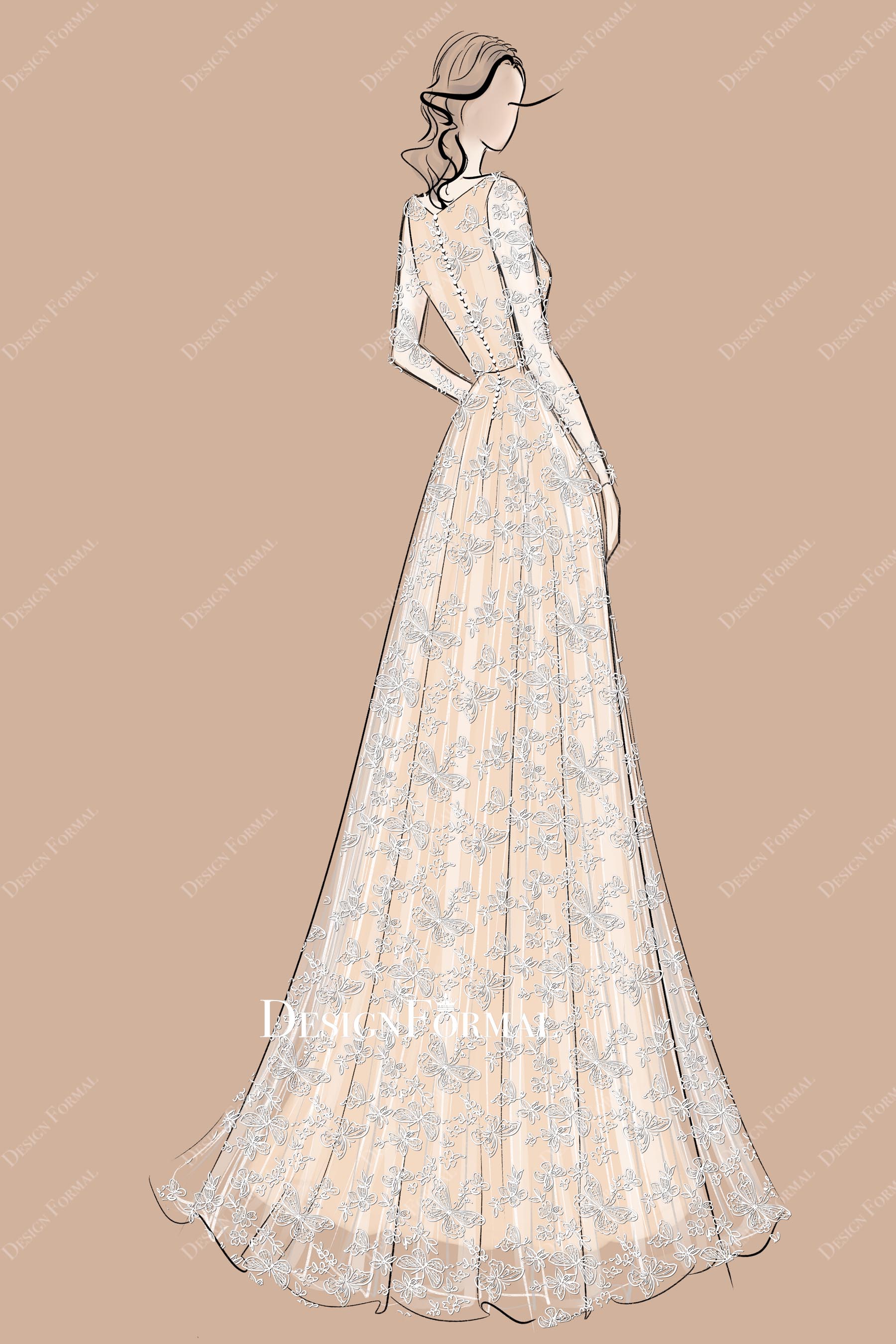 Floor Length Nude Beige Wedding Dress DesignFormal Sketch
