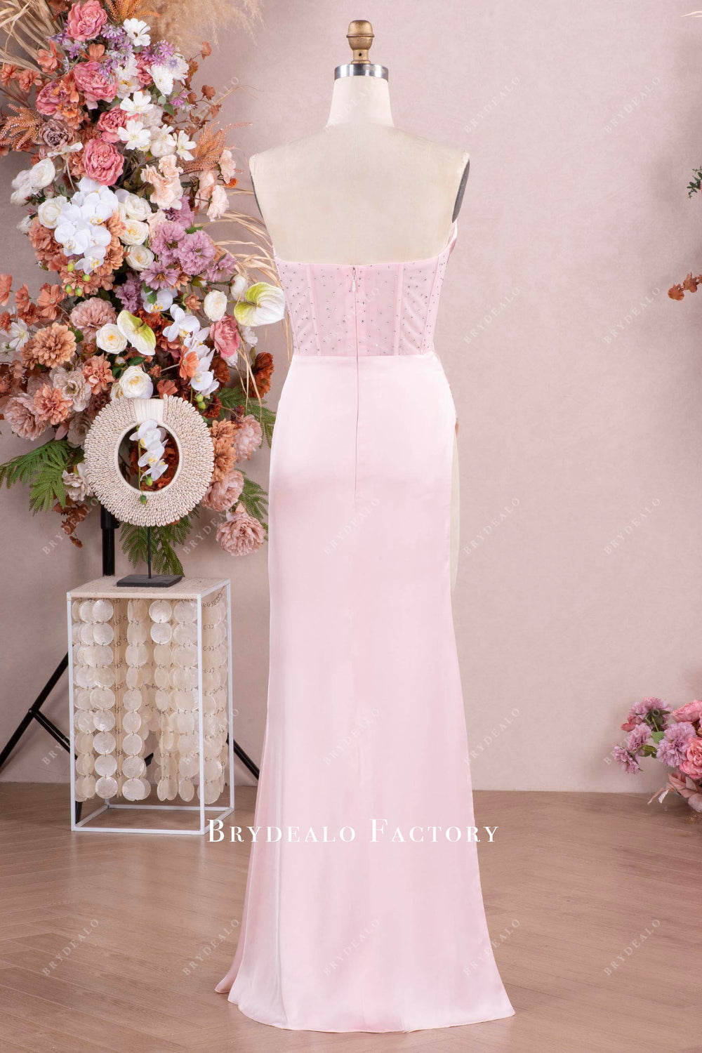 29891 Pink Sheer Neckline Satin Slit Dress