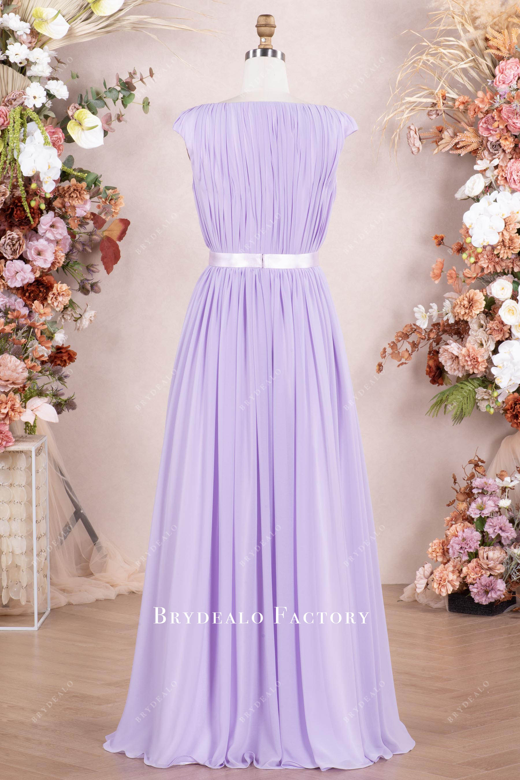 floor length pleated chiffon bridesmaid dress