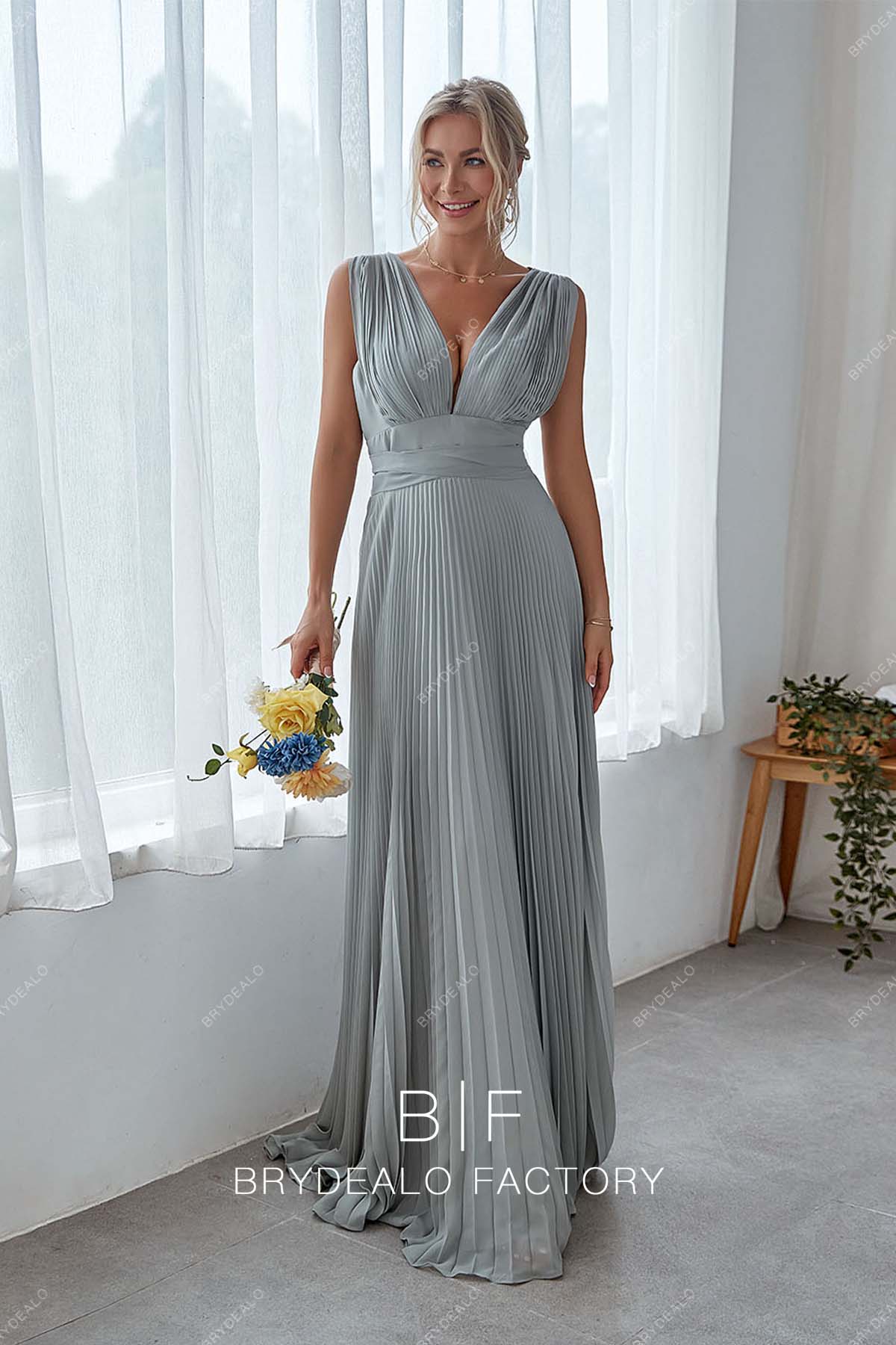 gray floor length pleated chiffon bridesmaid gown