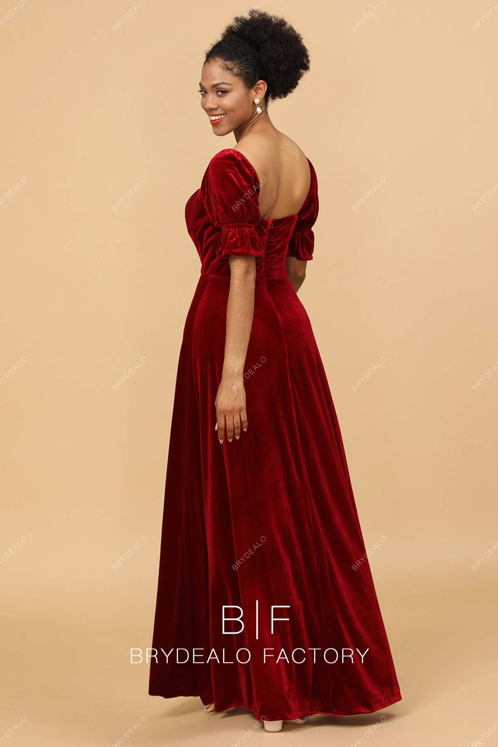 Red Velvet Half Sleeves Slit A-line Elegant Long Bridesmaid Dress