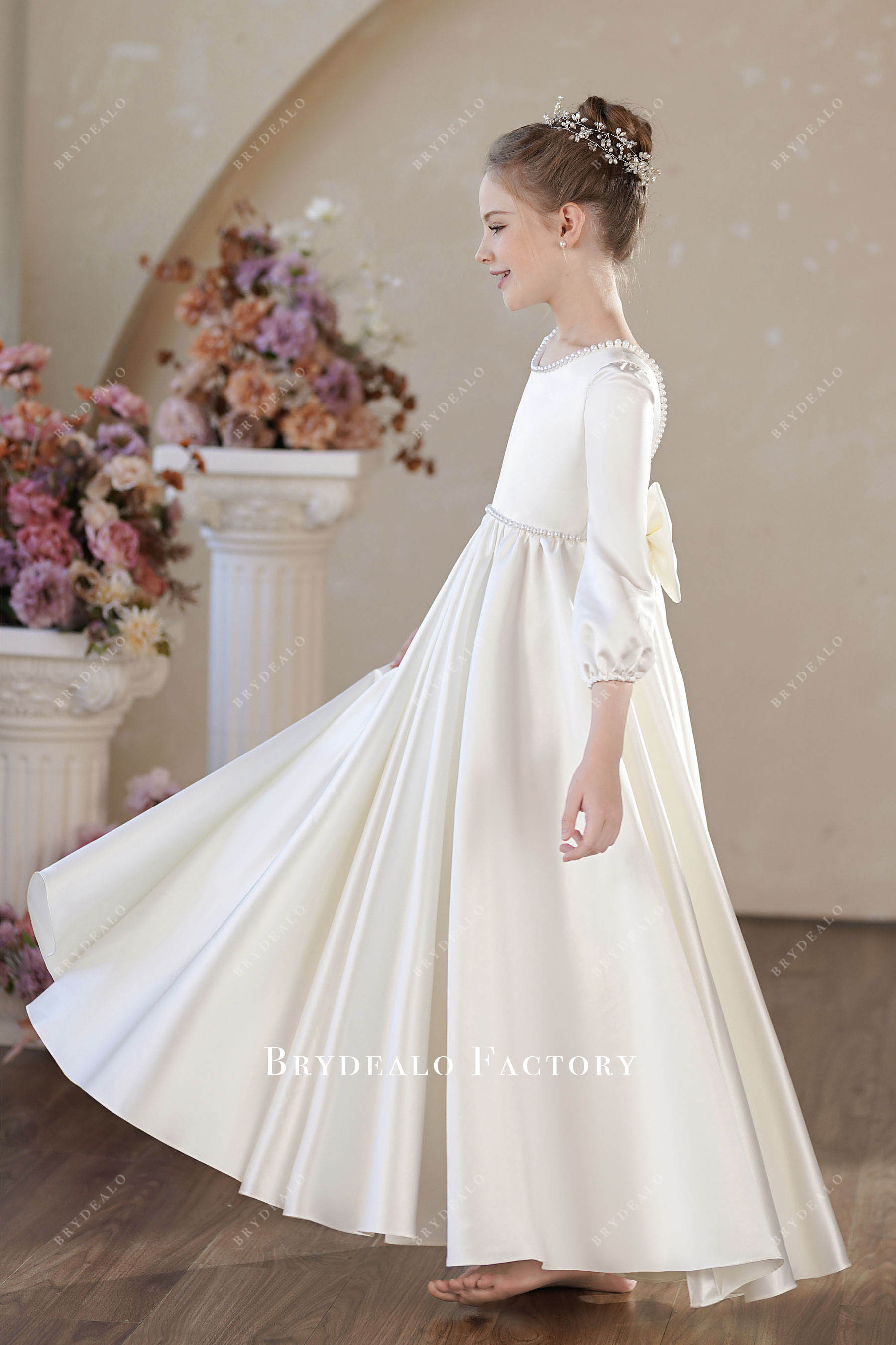 floor length satin A-line flower girl dress