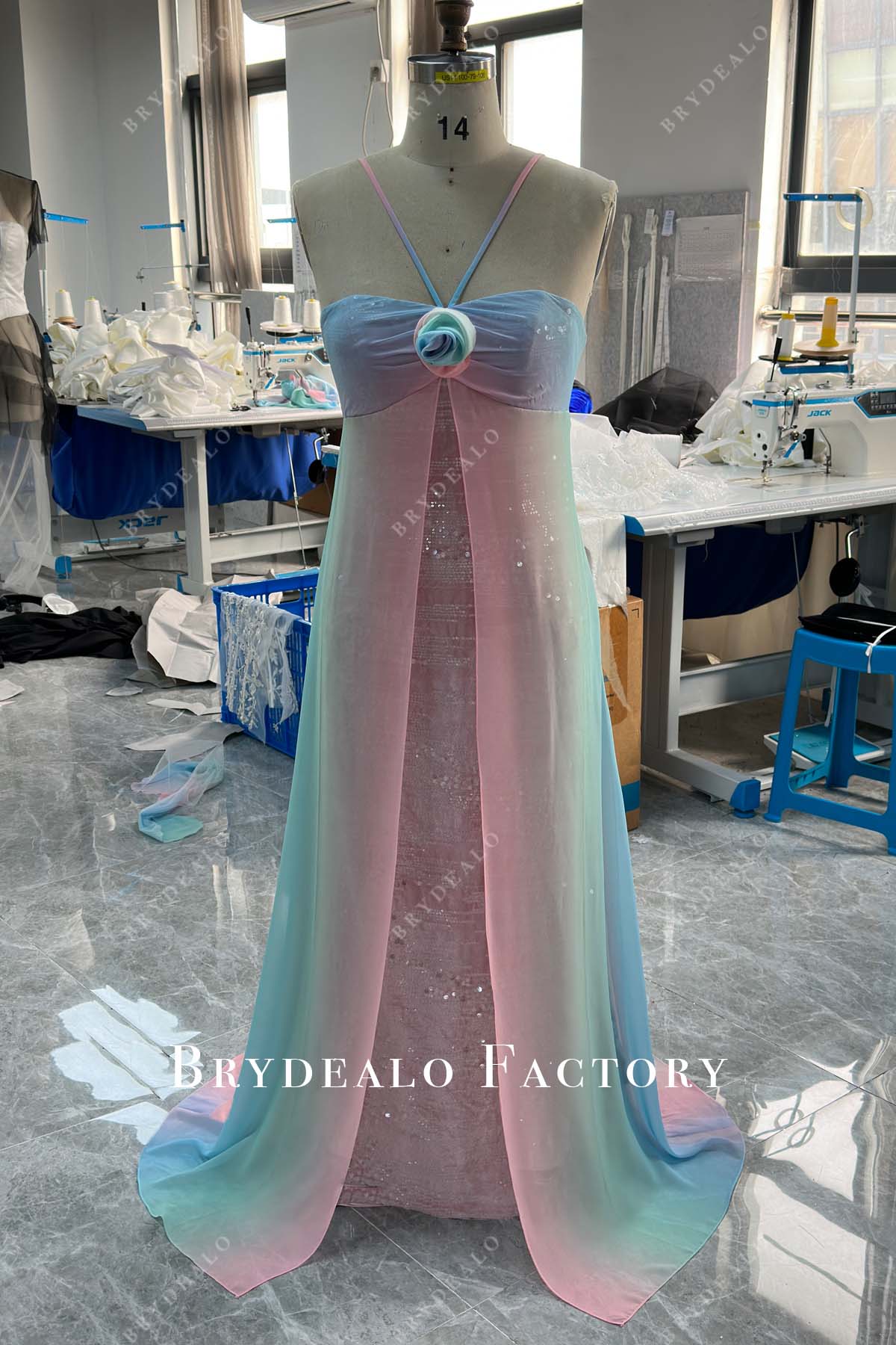 ombre chiffon halter neck 3D flower prom formal gown