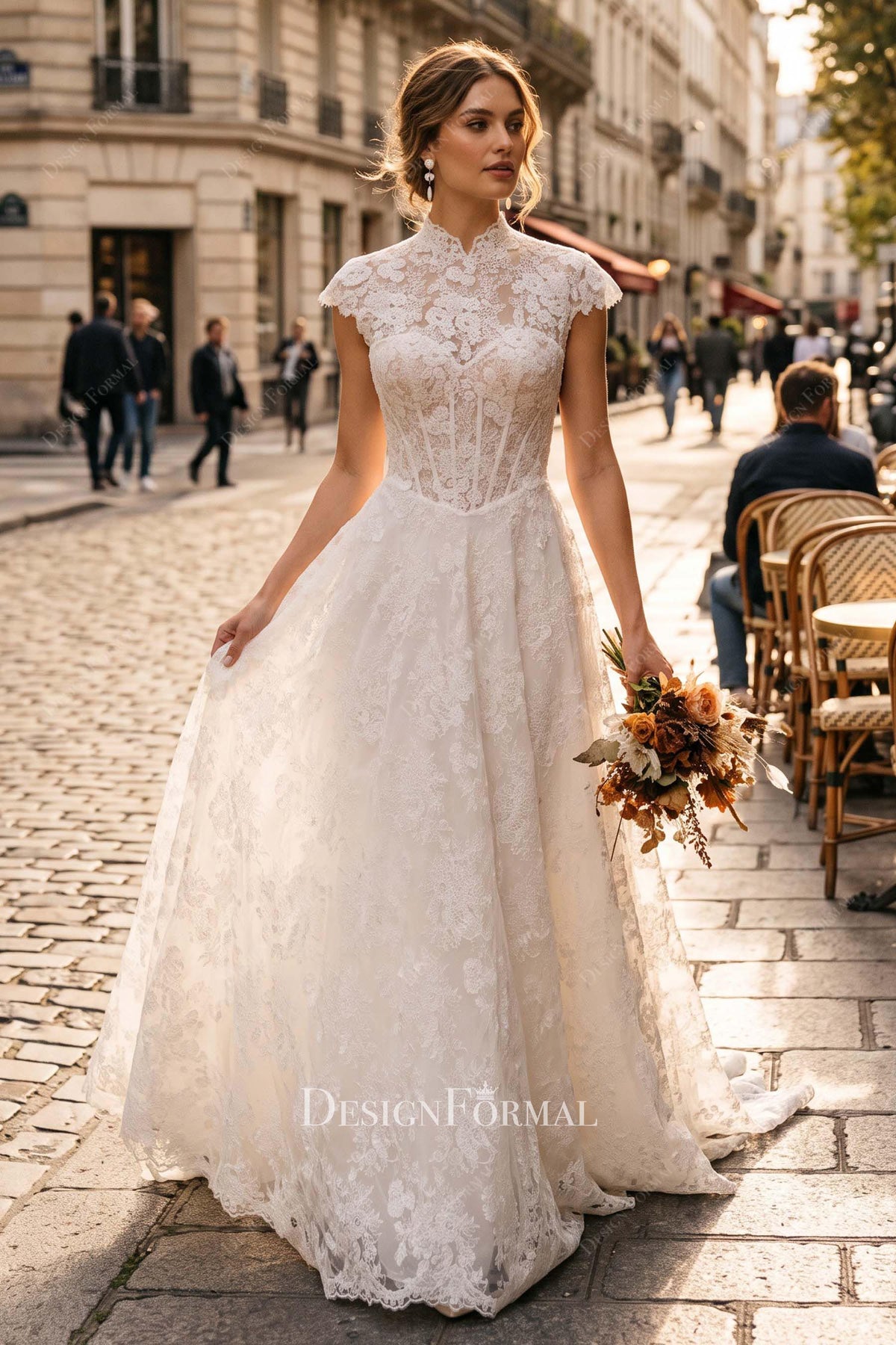 floral lace cap sleeve wedding dress