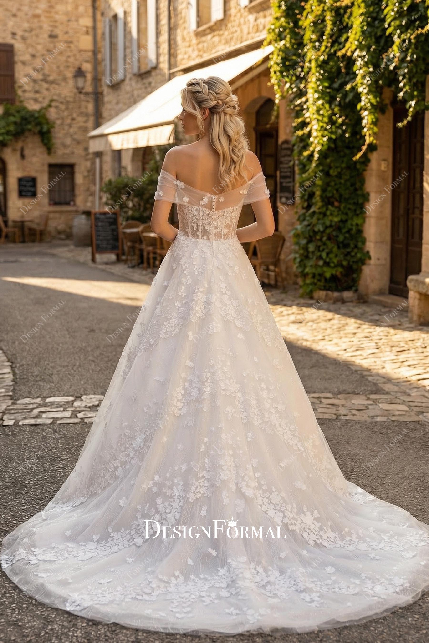 floral lace a line long train bridal dress