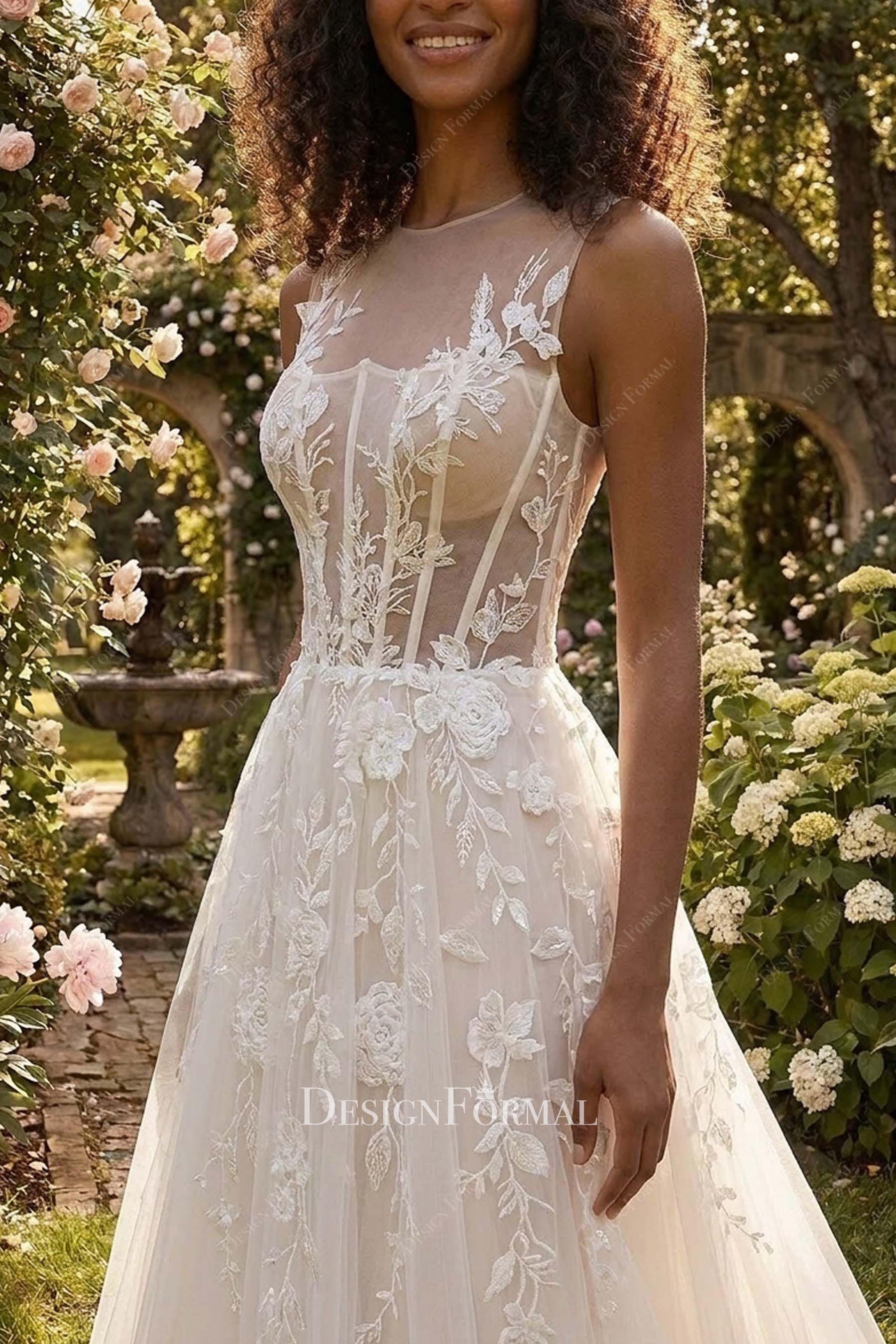 floral lace illusion corset a line wedding dress