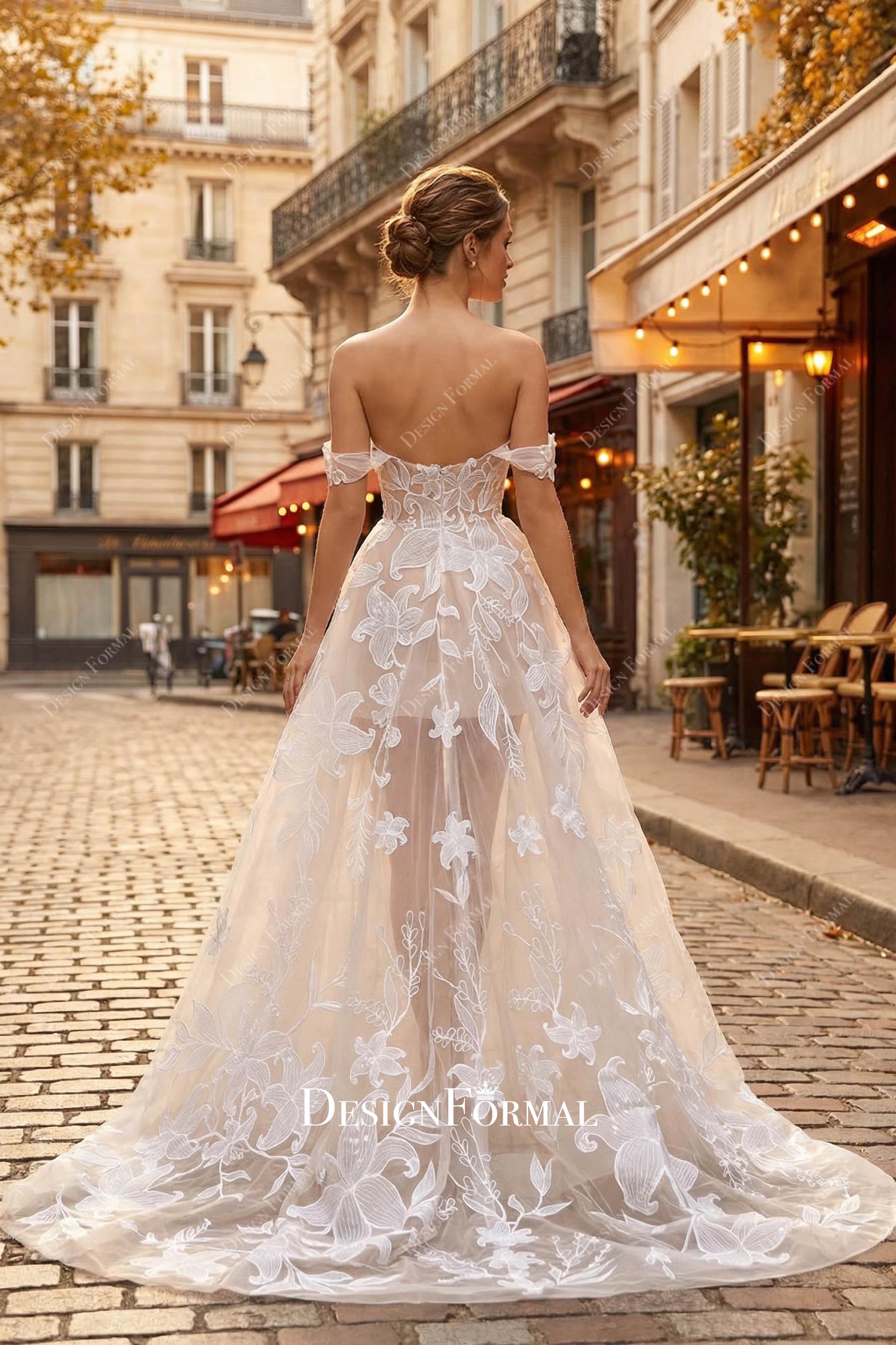 floral lace illusion train bridal dress