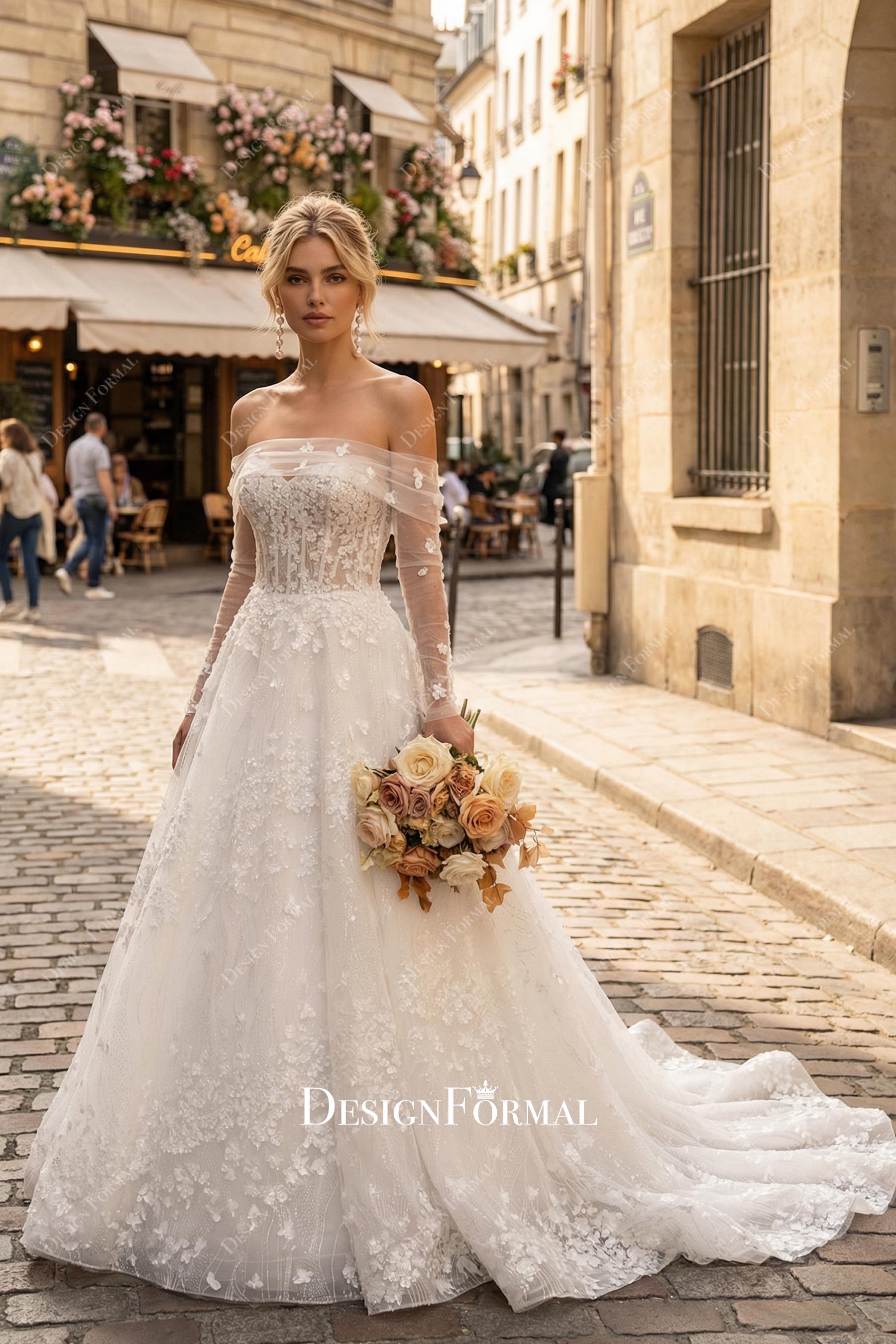 floral lace off shoulder bridal dress