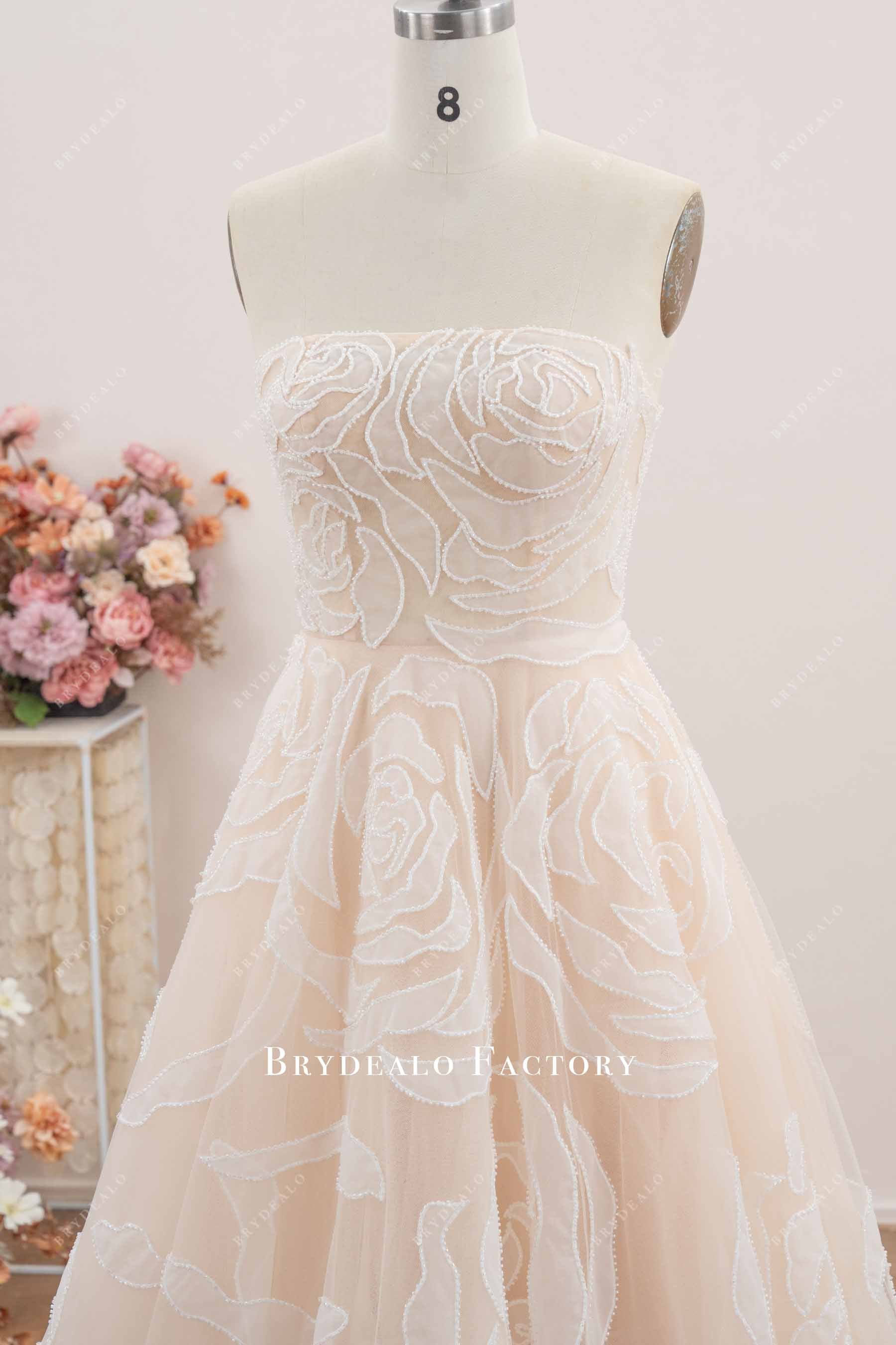 floral lace straight across neck wedding dress