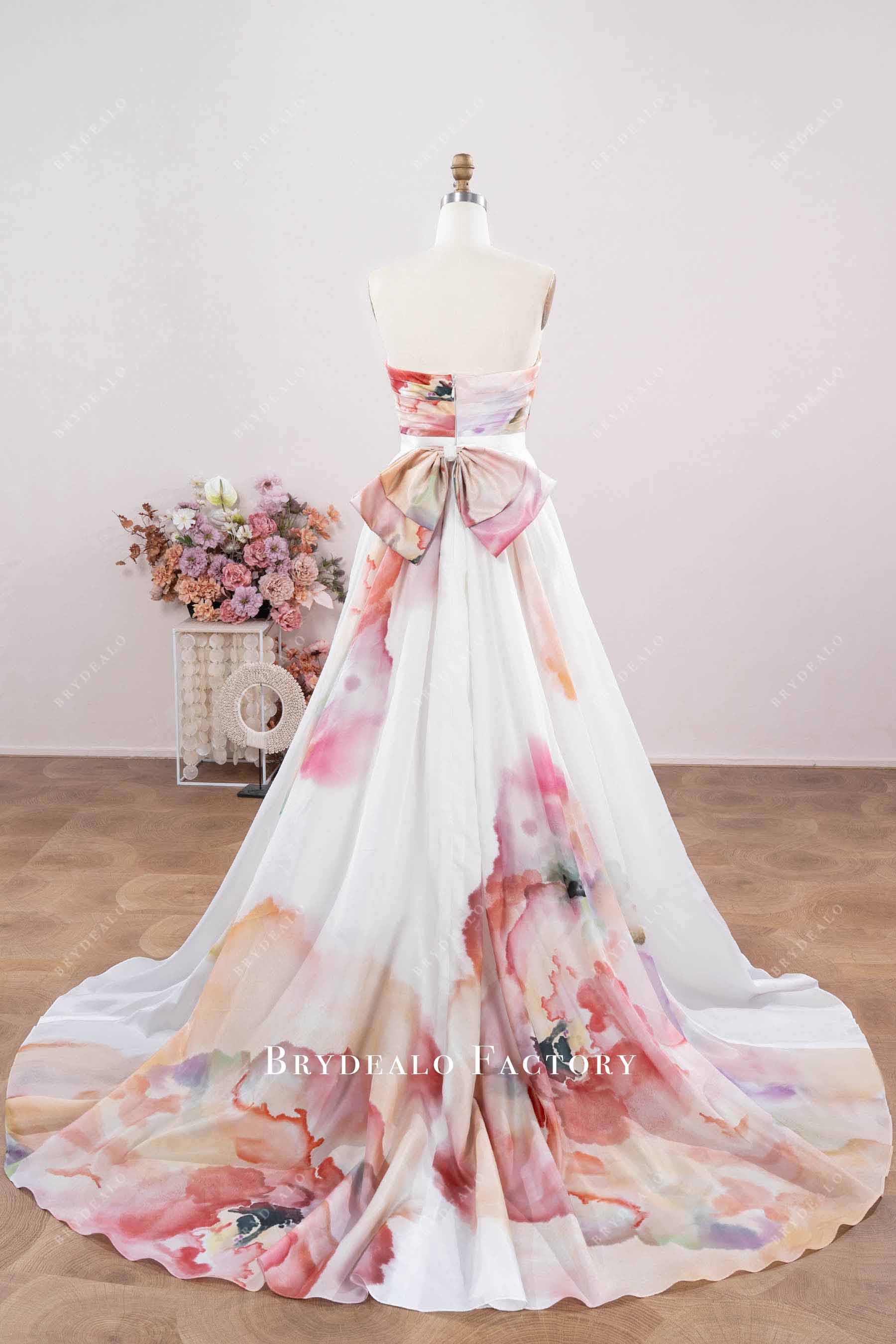 floral print a line court train wedding dress