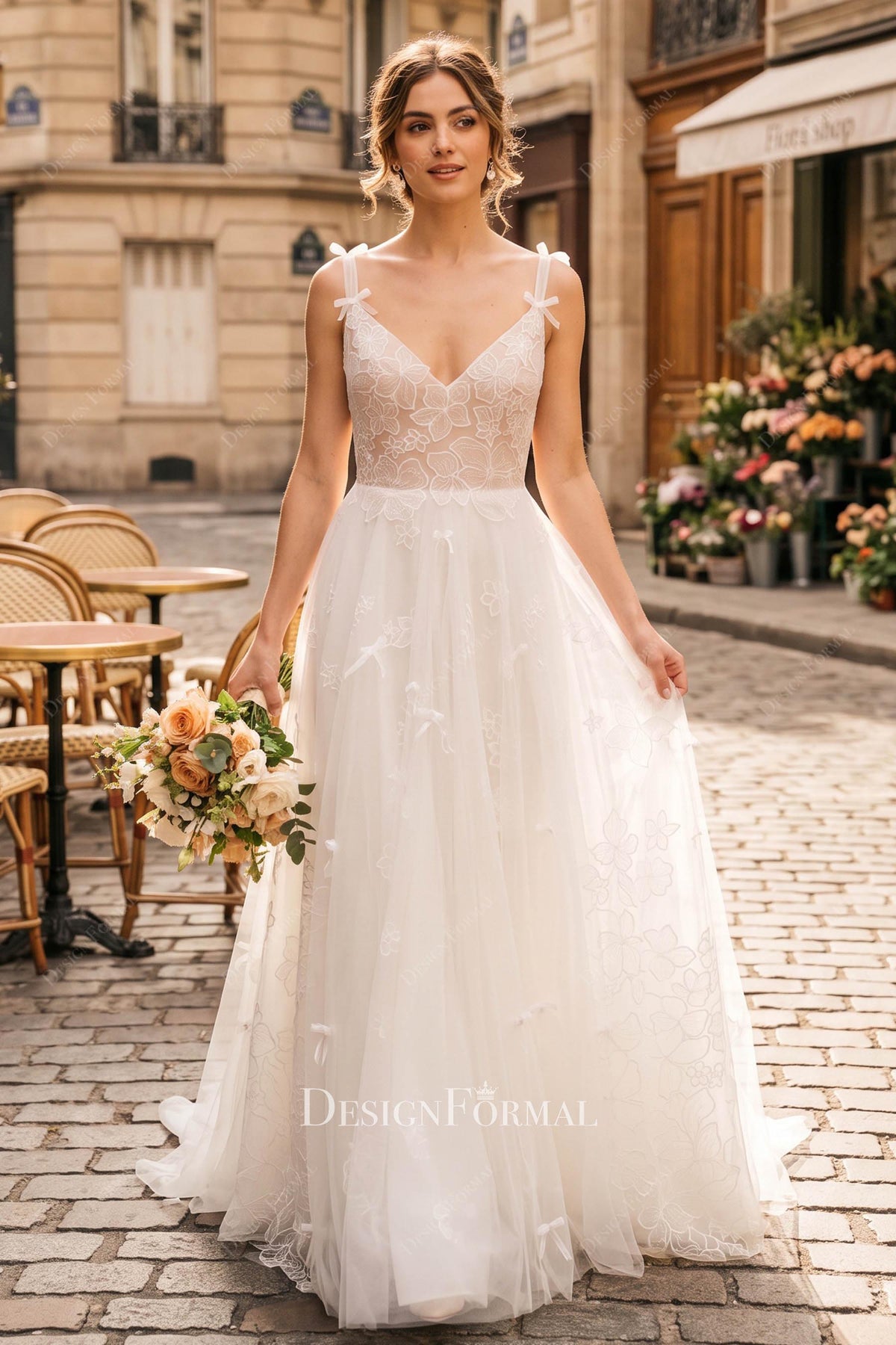 flower lace a line wedding dress