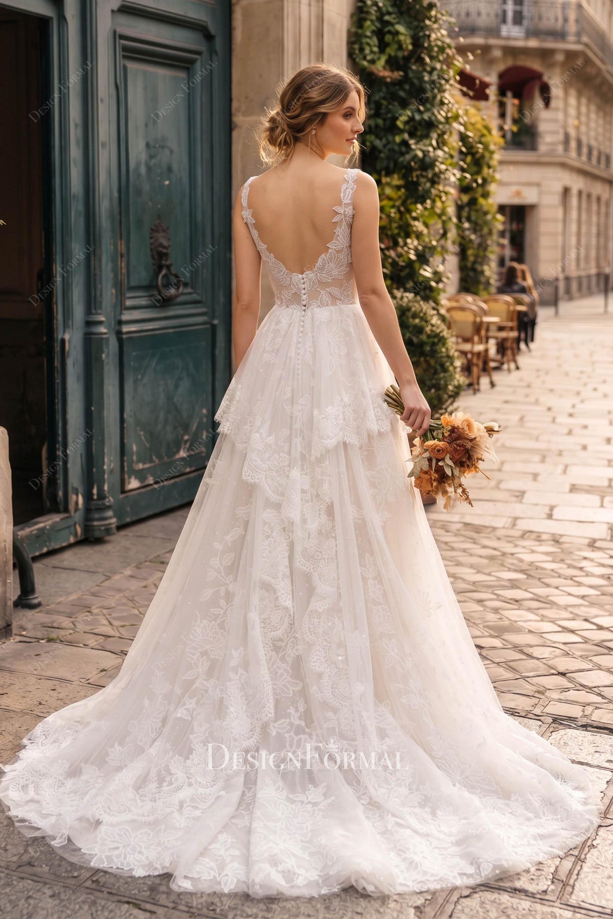 flower lace court train wedding dress